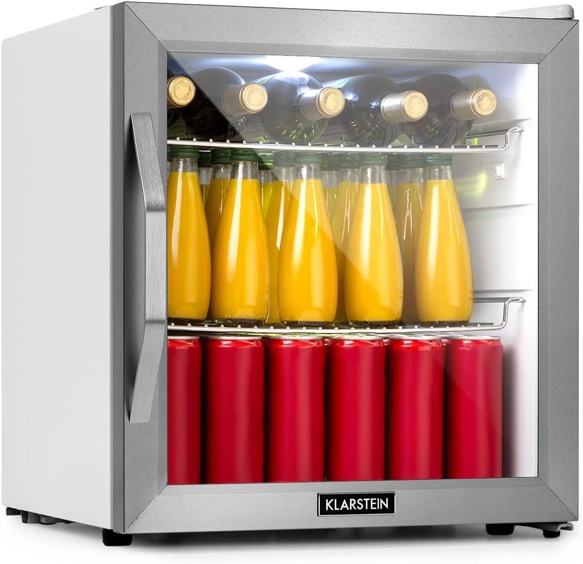 Klarstein Mini Fridge with Glass Door, Mini Fridge for Room, Drinks Fridge, Small, with Adjustable Shelves, Small Fridge, 47 Liters, Indoor/Outdoor Fridge, Quiet