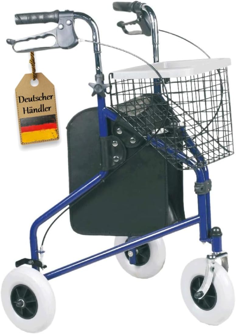 FabaCare Actimo Delta 3-Wheel Walker Blue Basket Tray Parking Brakes Height Adjustable Home Rollator with 3 Wheels up to 120 kg