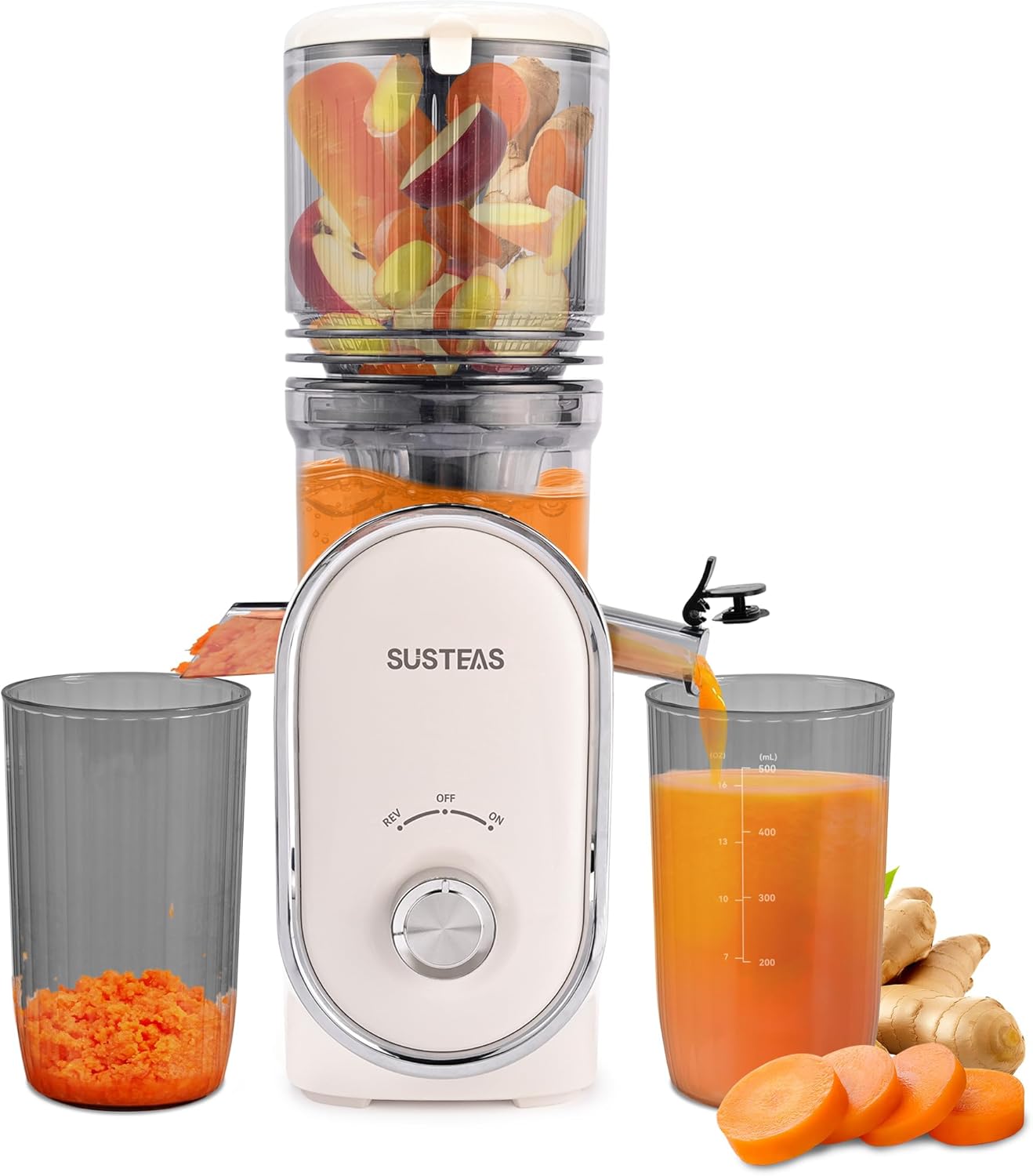 SUSTEAS Juicer, 133 mm Larger Feeding Tube, Slow Juicer with 300 W, 1.5 L Capacity, Suitable for Whole Fruits and Vegetables, Easy to Clean, High Juice Yield, Electric Juicer, White