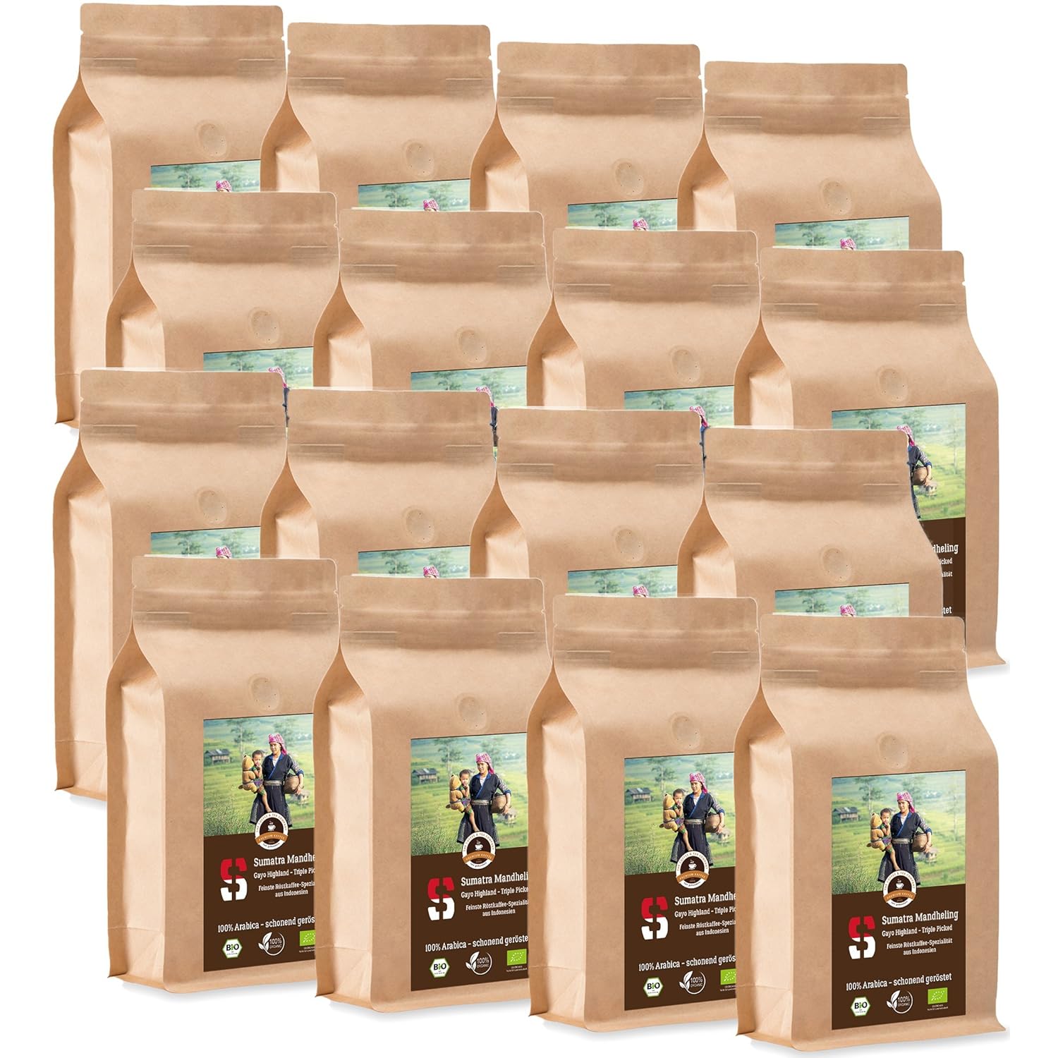 Kaffee Globetrotter Coffee Globetrotter - Sumatra Mandheling Gayo Highland - Organic - 16 x 1000 g Whole Bean - for Fully Automatic Coffee Grinder - Roasted Coffee from Organic Cultivation | Gastropack Economy Pack
