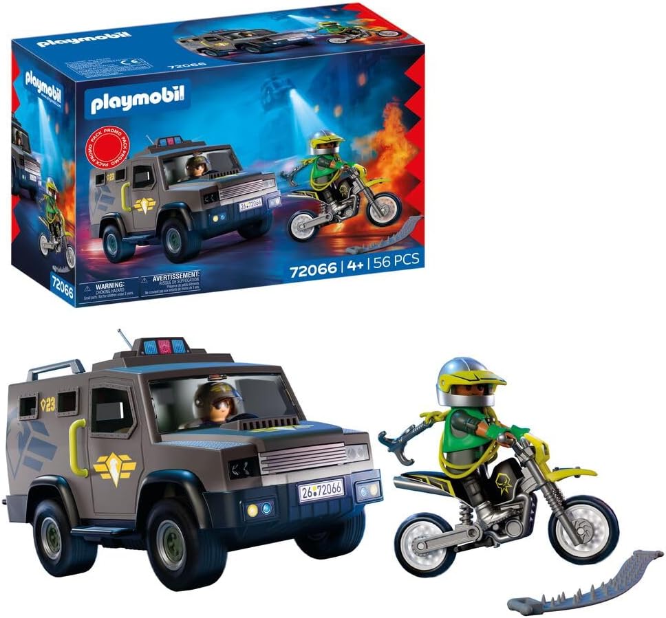 PLAYMOBIL City Action SWAT Emergency Vehicle with Policeman, Criminal Motorcycle and Nail Tape, Children\'s Toy from 4 Years, 72066