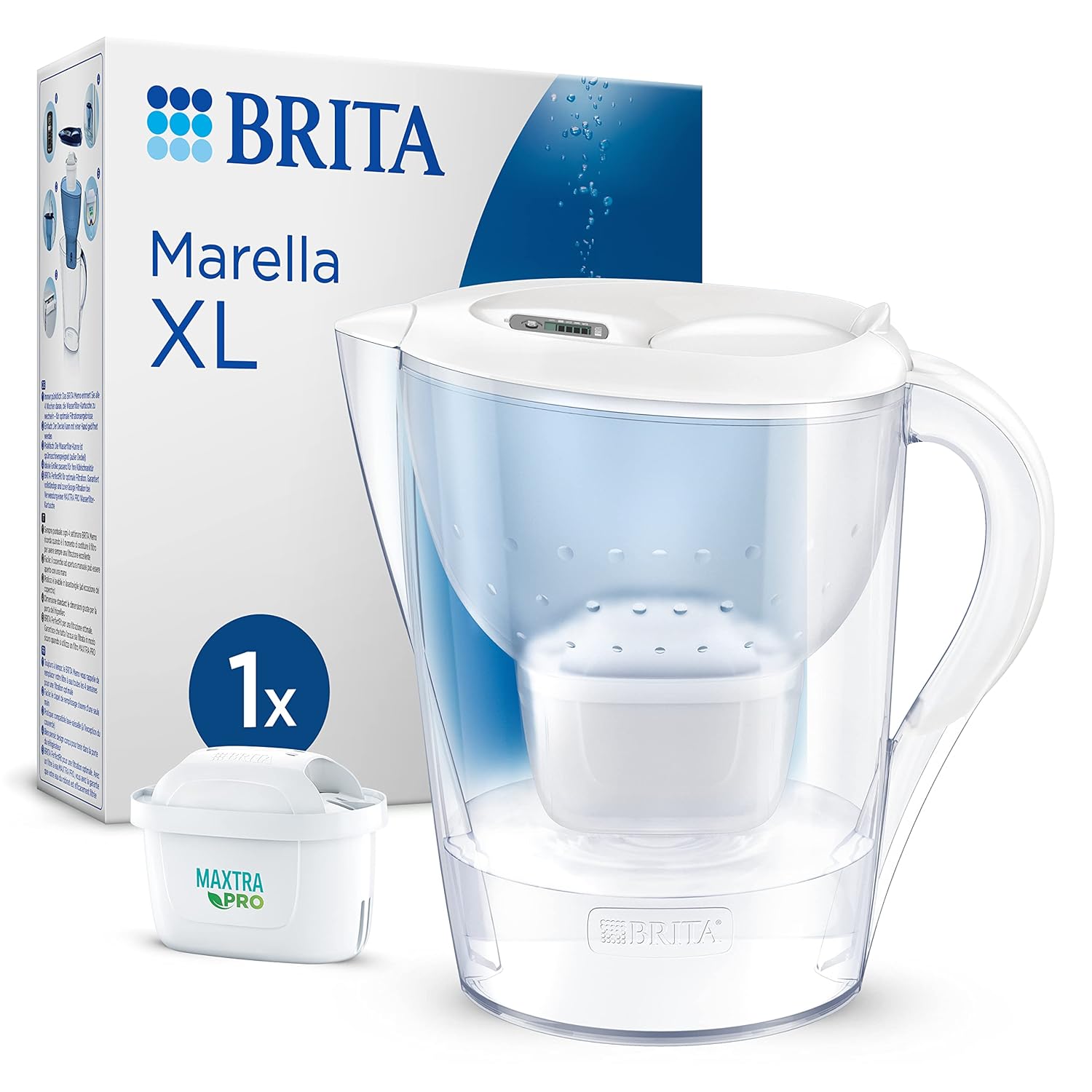 BRITA Marella XL Water Filter Jug White (3.5 L) Including 1x Maxtra Pro All-in-1 Cartridge - Water Filter to Reduce Limescale, Chlorine, Lead, Copper & Taste-Disturbing Substances in the Water