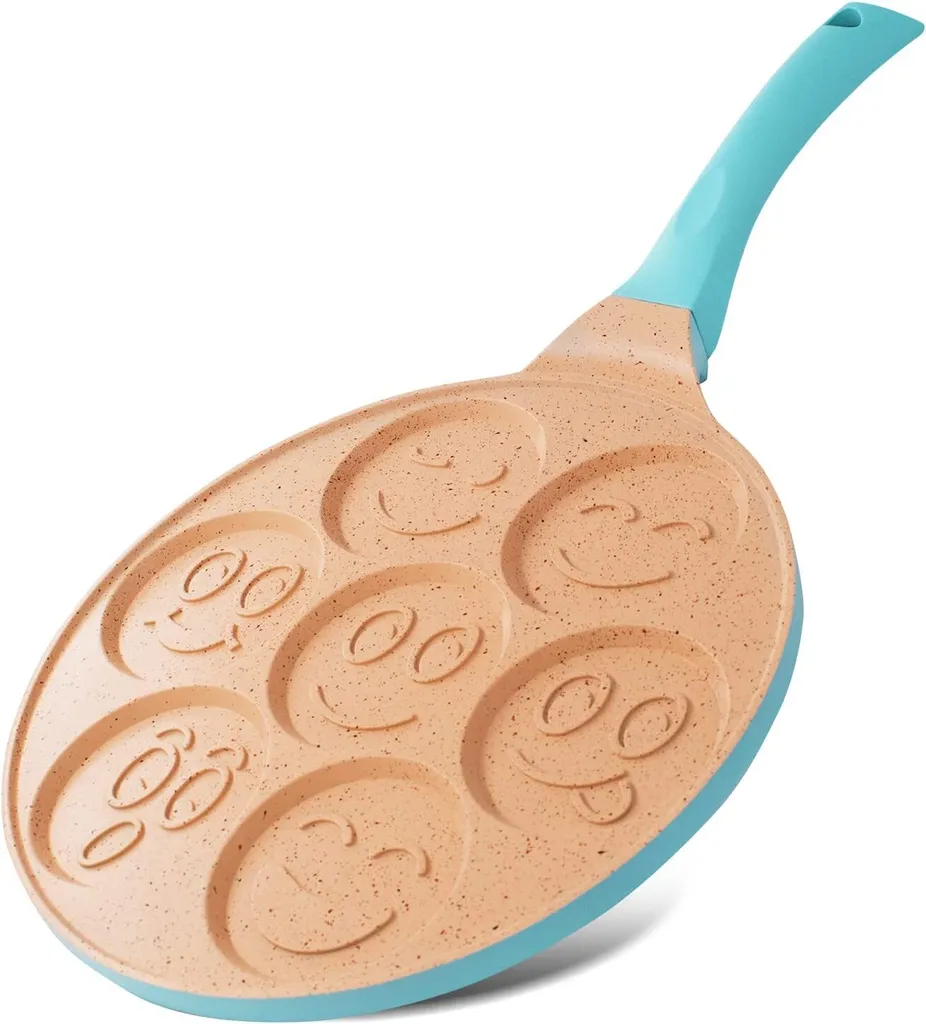 JOEJI’S KITCHEN Joejis Pancake Crepe Pan with 7 Wells - Lightweight - 26.5 cm Non-Stick Cast Aluminum - Induction Compatible - Smiley Face Multi-Purpose Pancake Pan for Children