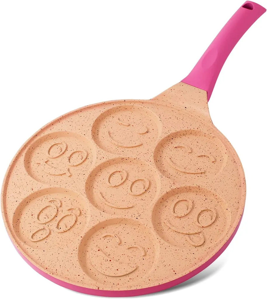 JOEJI’S KITCHEN Joejis Pancake Crepe Pan with 7 Wells and Smiley Faces - 26.5 cm Non-Stick Lightweight Cast Aluminum - Induction Compatible - Fun for Kids - Multi-Purpose Pancake Pan, Fried Egg Pan, Pink