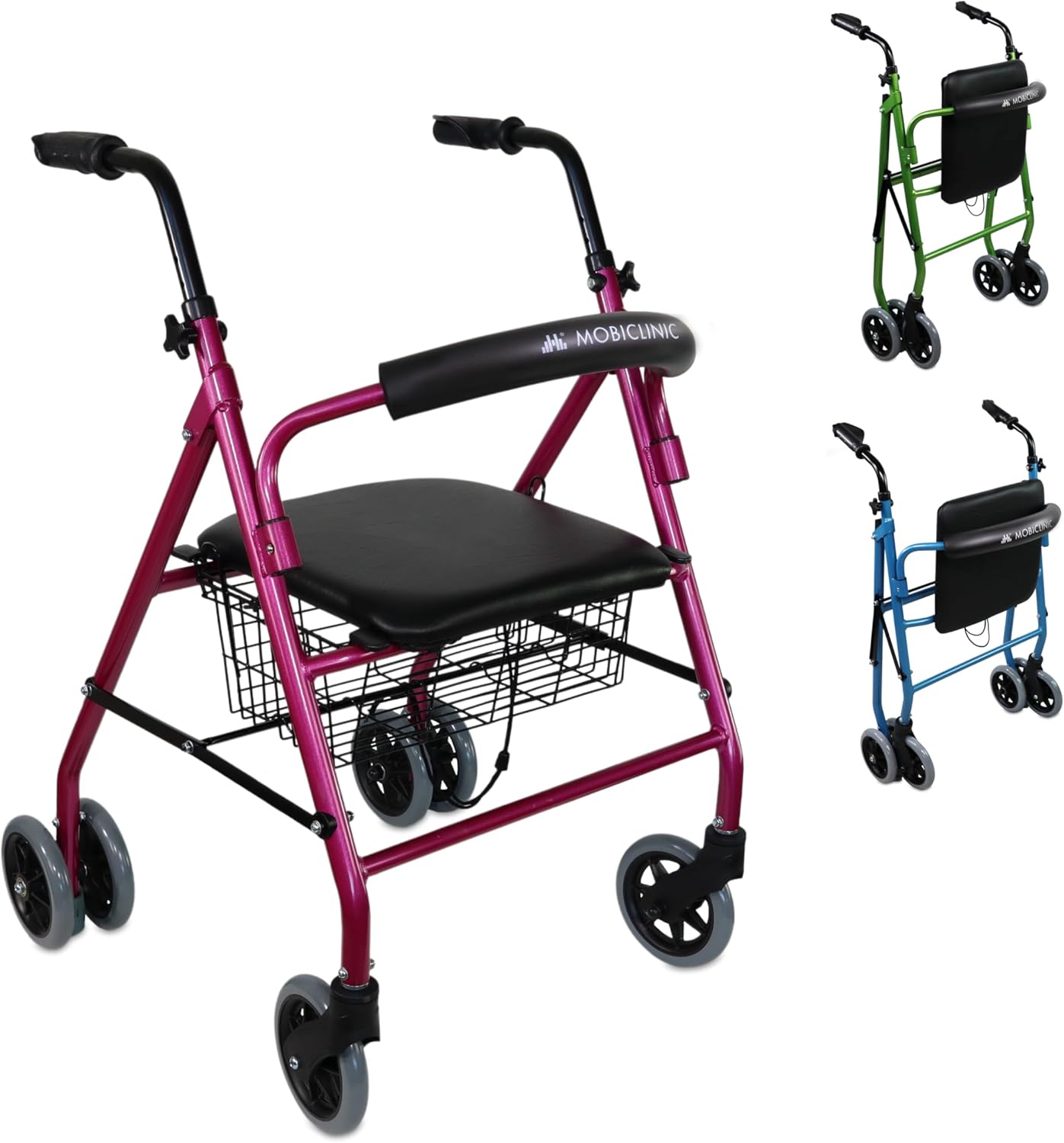 Mobiclinic®, Prado Rollator, European Brand, Foldable and Lightweight, Pressure Brakes, Aluminum Walking Aid with Padded Seat Backrest, Shopping Basket, 4 Wheels, Pink