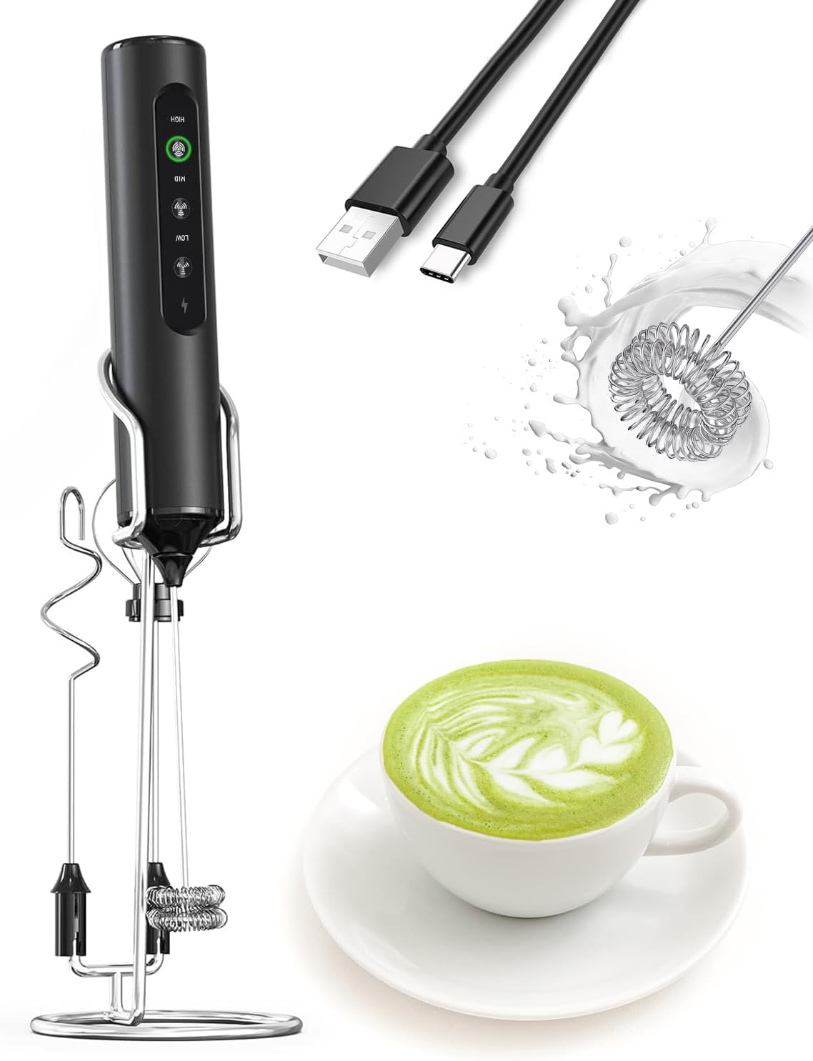 3-in-1 Electric Milk Frother with Stand, Rechargeable LED Indicator & 3 Speeds - Portable Mixer for Coffee, Protein Shakes, Baking - Makes Latte, Matcha Foam - Black