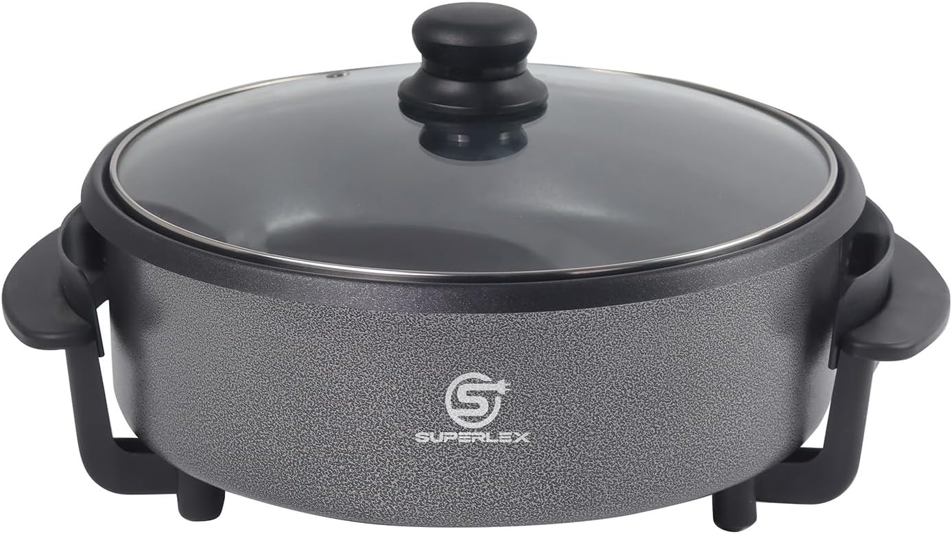SUPERLEX Electric Pan 1500 W with Lid, 28 cm Party Pan Made of Aluminum and Steel, Non-Stick Coating, Temperature Control, Removable Thermostat, Tempered Glass Lid