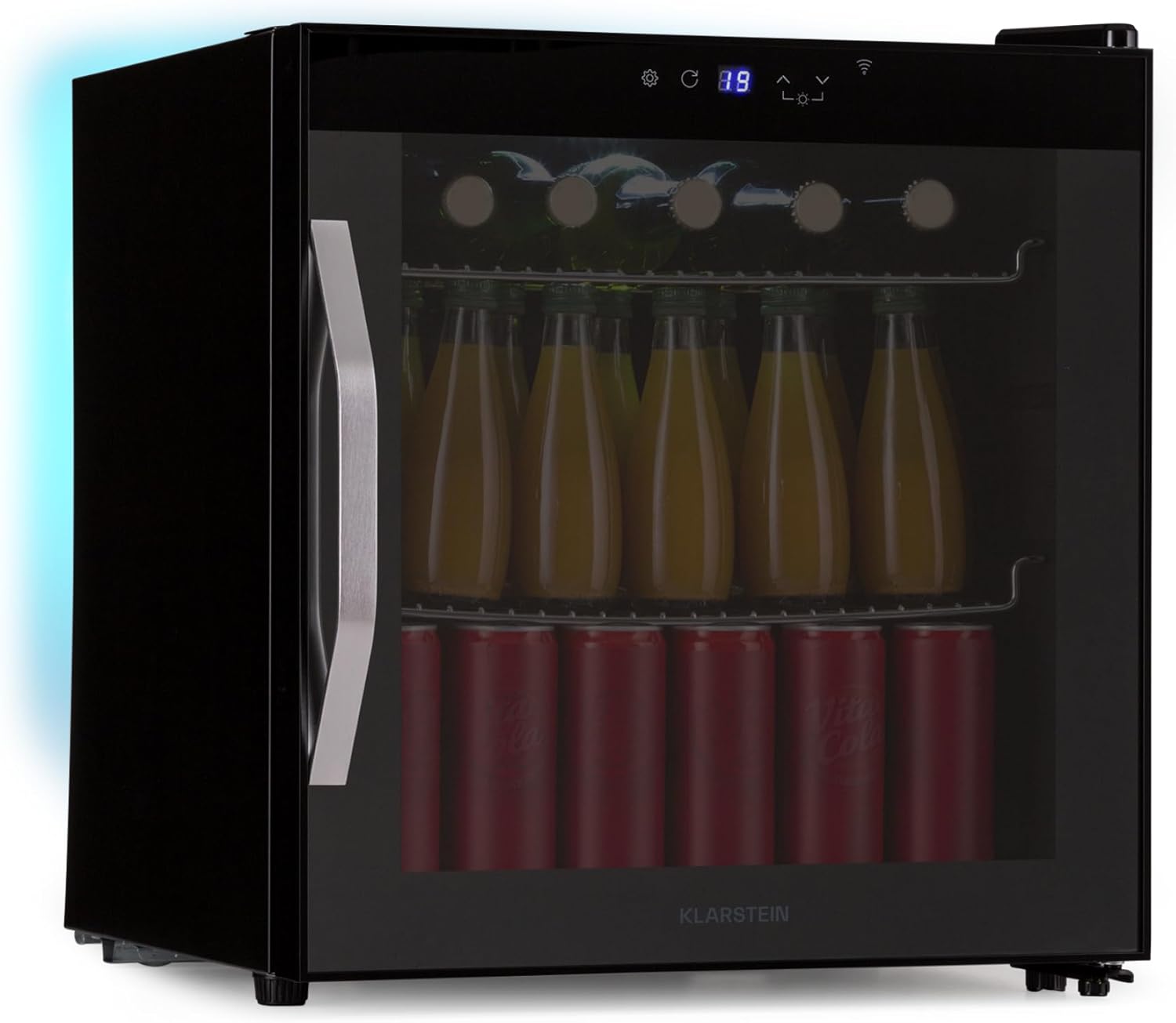 Klarstein Coachella 50 Onyx Drinks Fridge with Glass Door - 47 L, WiFi, 3-18°C, LED Interior Lighting, Touch Control Panel, 7-Colour Backlight, 2 Metal Shelves, Black