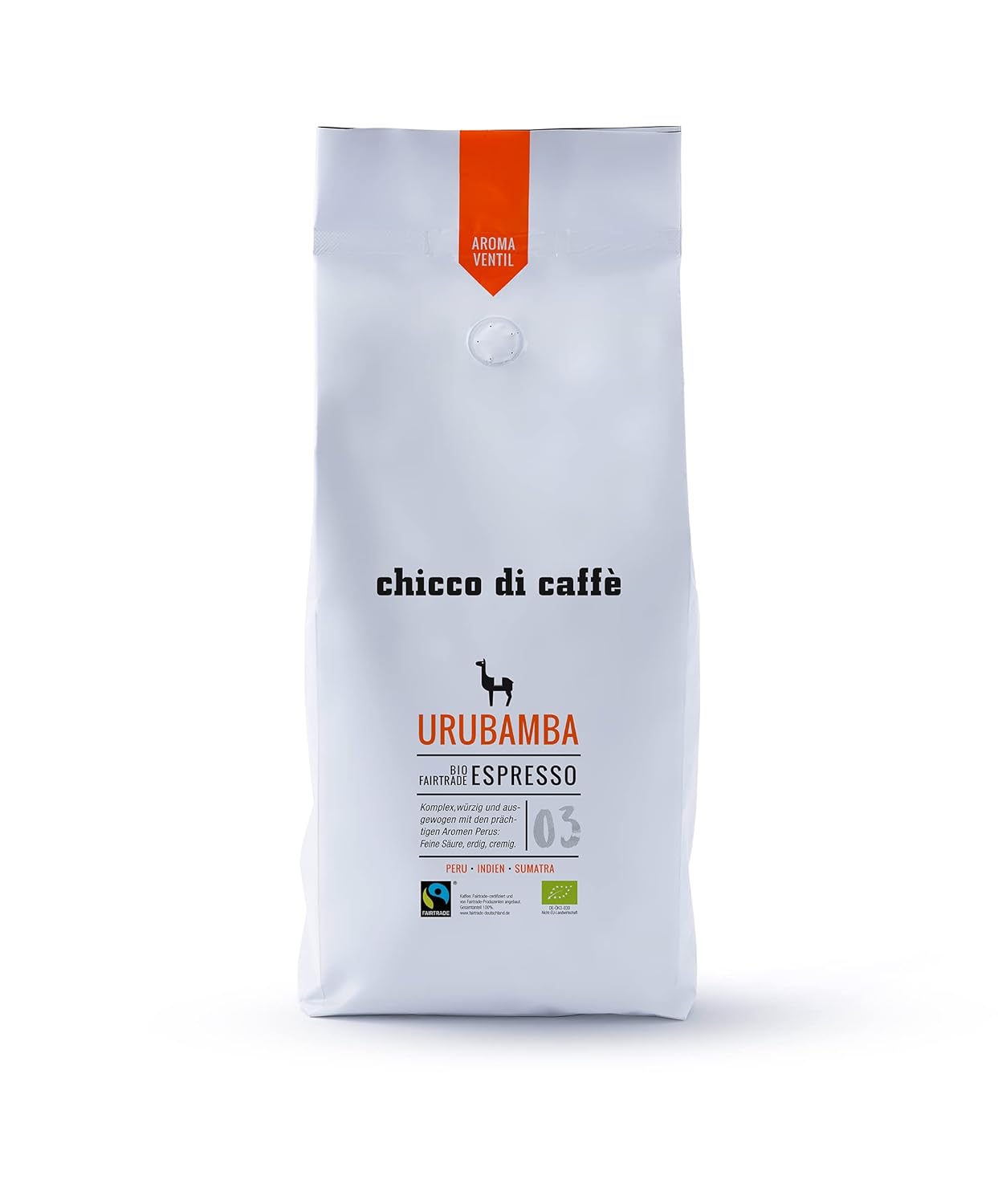 chicco di caffè Coffee bean | Organic Espresso Urubamba | Roasted Whole Coffee Beans | 80% Arabica - 20% Robusta Espresso Beans | Organic Cultivation | Fairtrade, 1000 gm