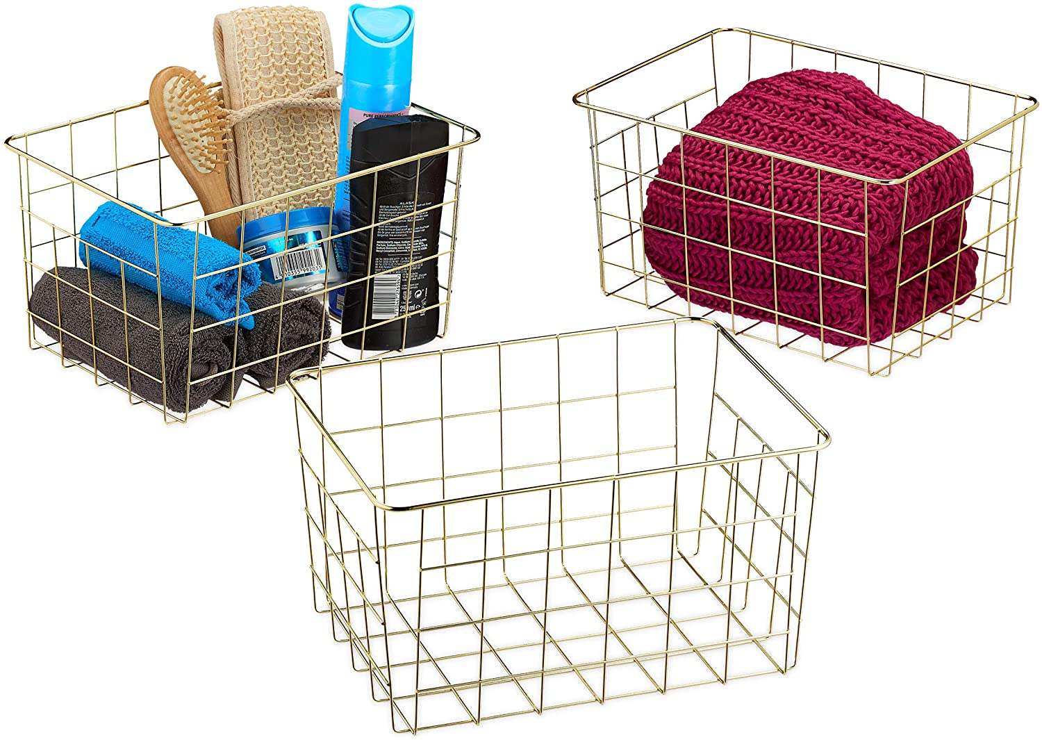 Relaxdays Wire Basket Set of 3 Rectangular Mesh Baskets for Storage HxWxD: 15.5 x 28 x 20 cm Decorative Metal Basket Gold