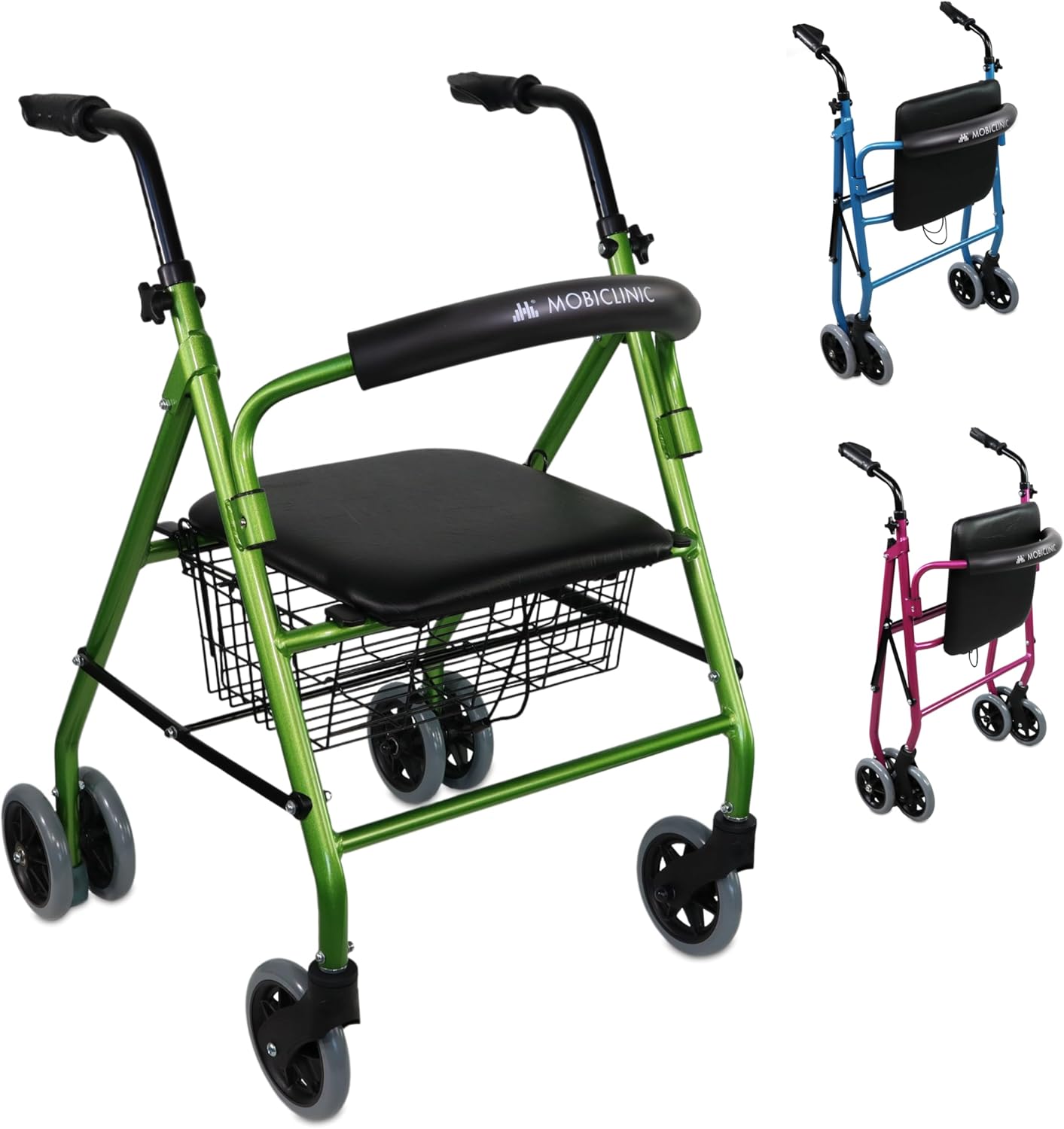 Mobiclinic®, Prado Foldable and Lightweight Rollator Aluminium European Brand Pressure Brakes Walking Aid Seniors Walker with Seat 4 Wheels Green