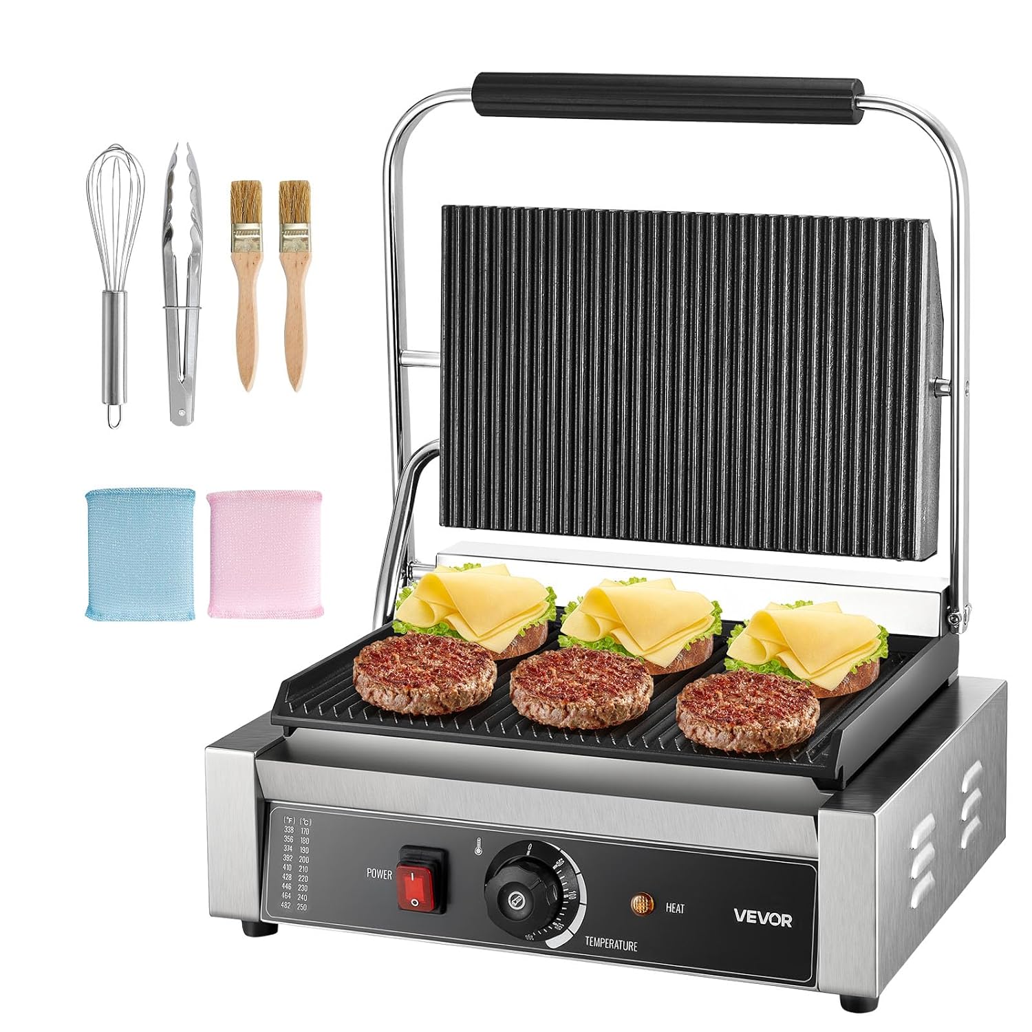 VEVOR Commercial Panini Grill Contact Grill 2200 W for Sandwiches Steak Bacon Hamburger, Sandwich Maker Press Grill Made of Stainless Steel with Handle & Temperature Control & 34 x 23 cm Heating Plate