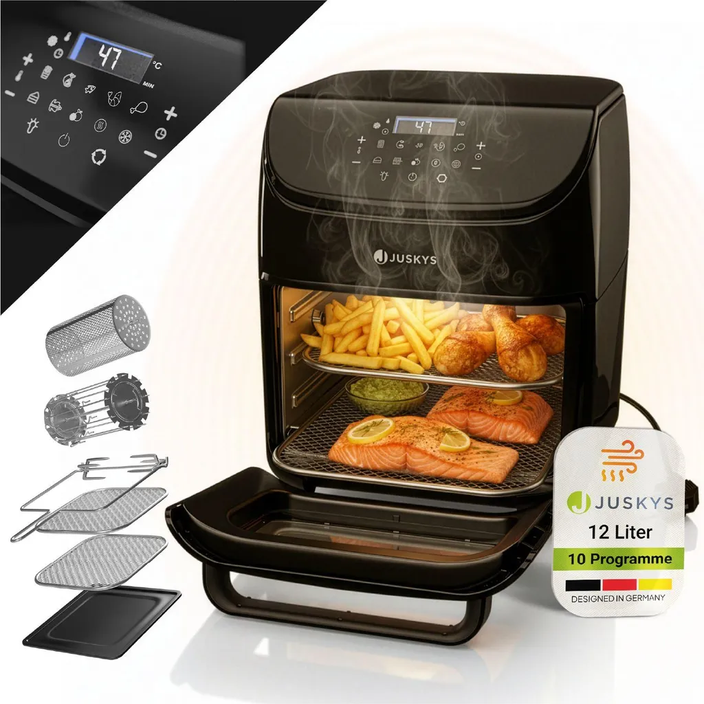 Juskys Hot Air Fryer 12L – Airfryer with 10 programs, max. 200 °C & accessories - Black