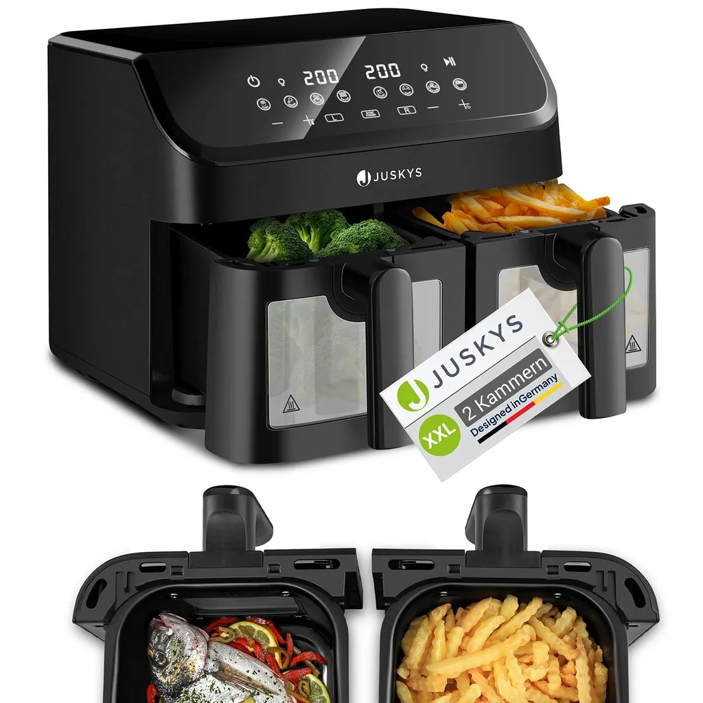 Juskys Hot Air Fryer 9 L - 2 Chambers, Smart Finish, 9 Programs, Fryer