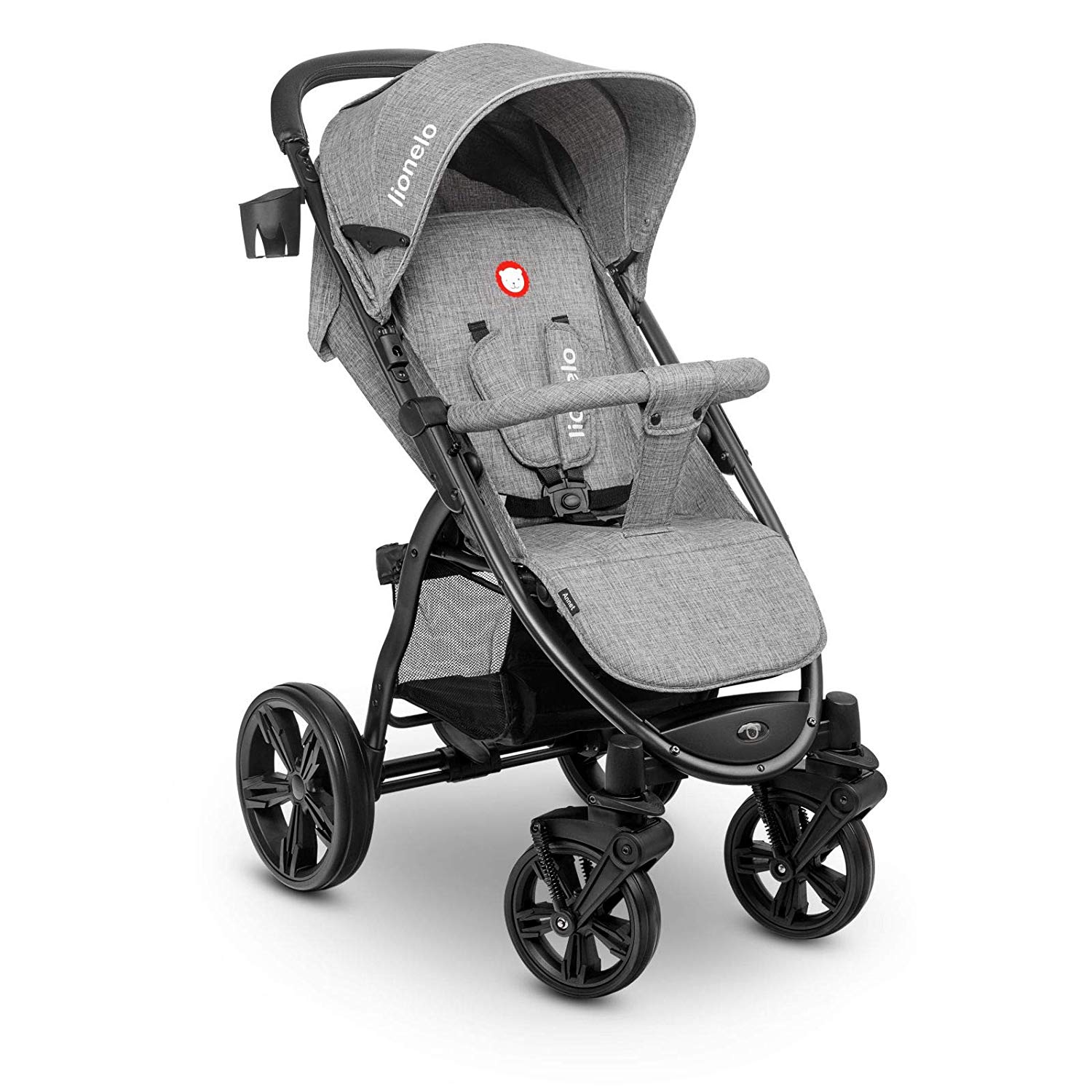 Lionelo Annet Pushchair with Reclining Function, Small Foldable EVA Foam Wheels, Mosquito Net Foot Cover, Drink Holder Basket