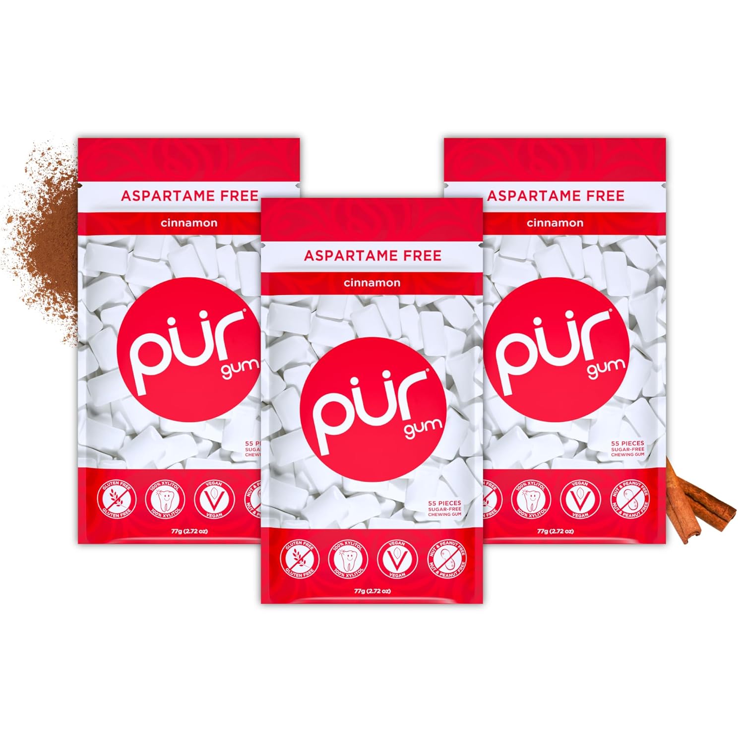 PUR Gum Store PUR Gum | Sugar-Free Chewing Gum | 100% Xylitol | Vegan, Aspartame-Free, Gluten-Free & Diabetic-Friendly | Natural Cinnamon Flavored Chewing Gum, 55 Pieces (3 Pack)