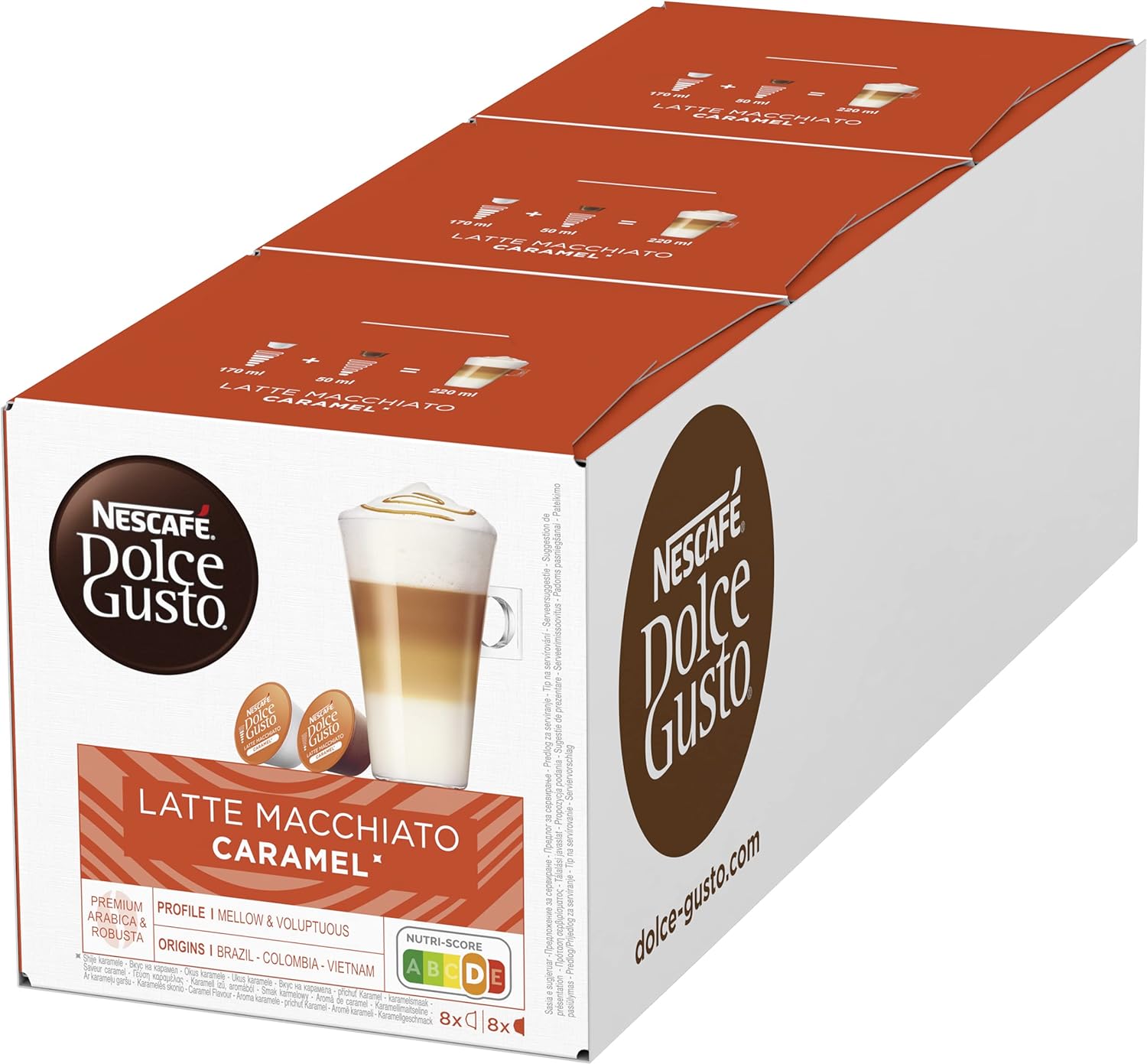 NESCAFE DOLCE GUSTO NESCAFÉ Dolce Gusto Latte Macchiato Caramel, 48 Coffee Capsules, Arabica Robusta Blend, Fine Caramel Aroma and Delicious Milk Foam, Aroma Sealed (Pack of 3 x 16 Capsules)