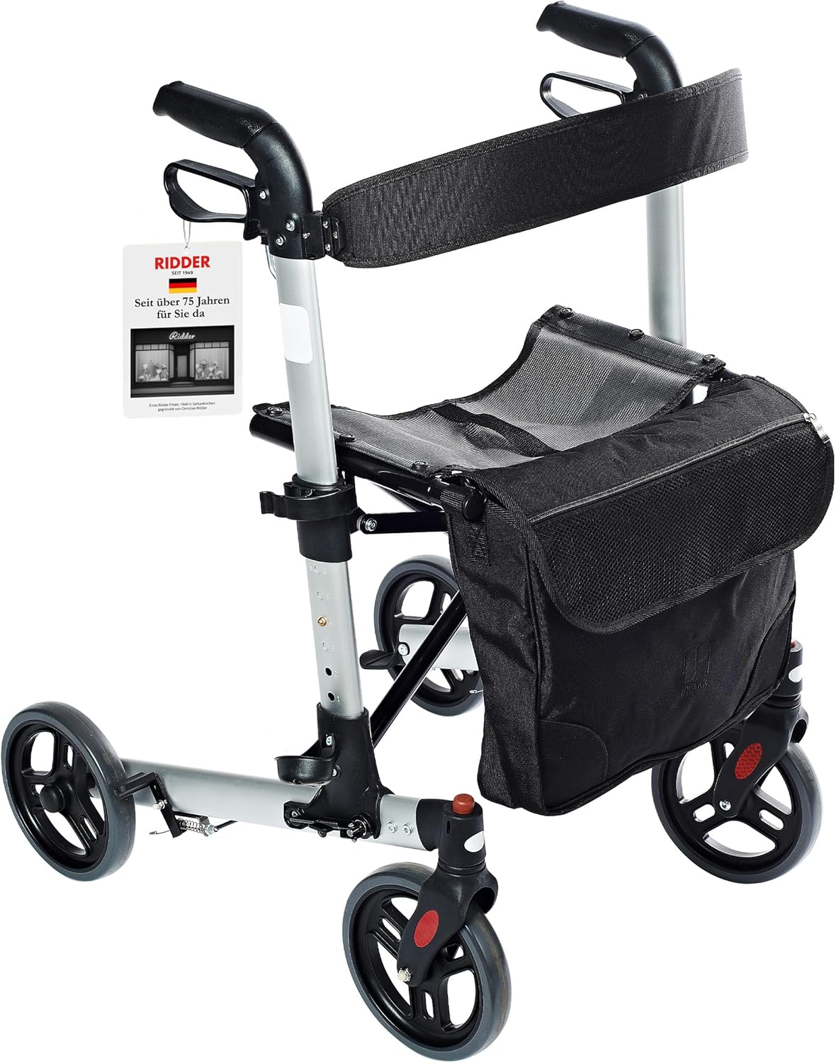 RIDDER Mio Rollator | Foldable Walking Trolley with Height-Adjustable Handles, Wide Seat & Back Strap Walking Aid with Removable Shopping Bag & Walking Stick Holder | Maximum load 136kg