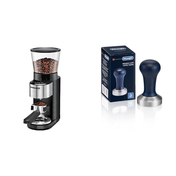 ROMMELSBACHER EKM 500 Cone Grinder, Precision Scale, Holder for Portafilter, Grinding Level in 39 Levels, 5 Function Buttons, Black/Stainless Steel & De\'Longhi DLSC058 Coffee Tamper, Blue/Silver