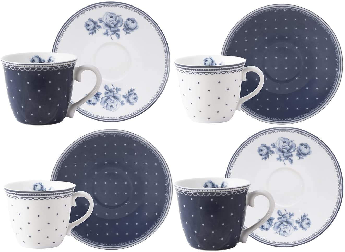 CREATIVE TOPS Katie Alice Vintage Indigo Stylish Ceramic Espresso Cups and Saucers Set of 8 - 3 fl oz Each