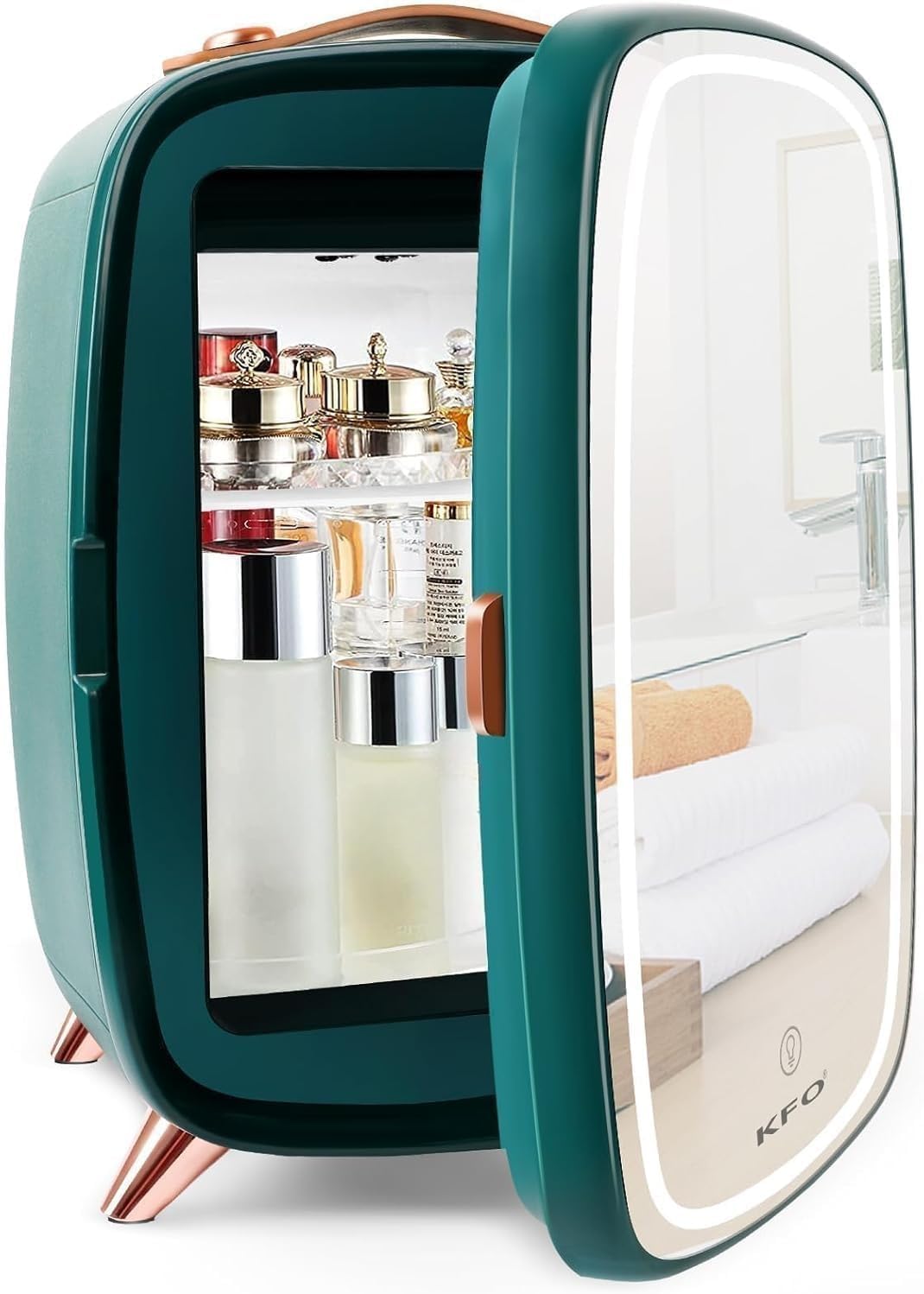 KFO Mini Cosmetic Fridge 6 L, Ultra Quiet (20 dB) with LED Mirror for Skincare & Makeup, Small Fridge for Skin Care in the Bedroom and Bathroom (Green LED)