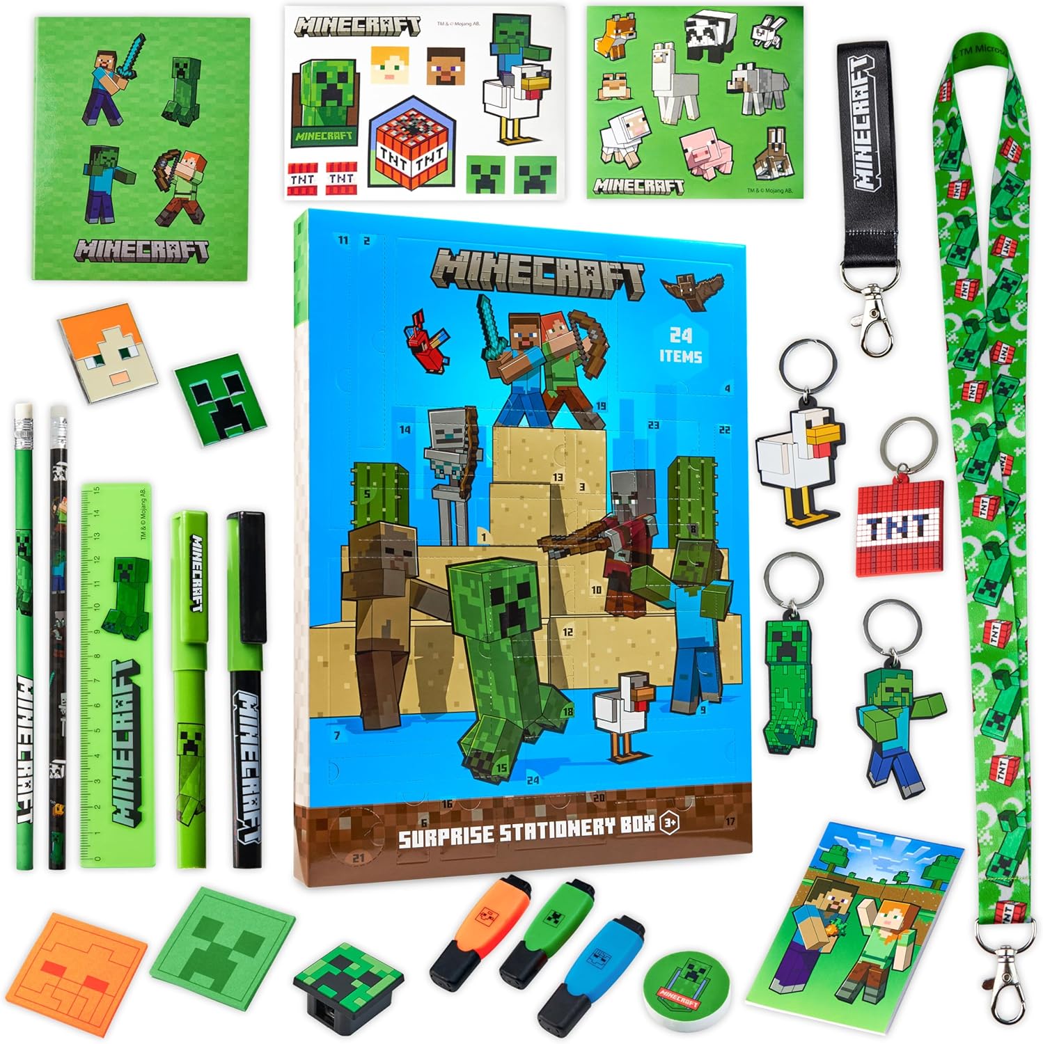 Minecraft Children\'s Advent Calendar 2025, School Stationery, 24 Surprises with Pens, Eraser & More Accessories, Creeper Gamer Gifts for Boys (Blue)