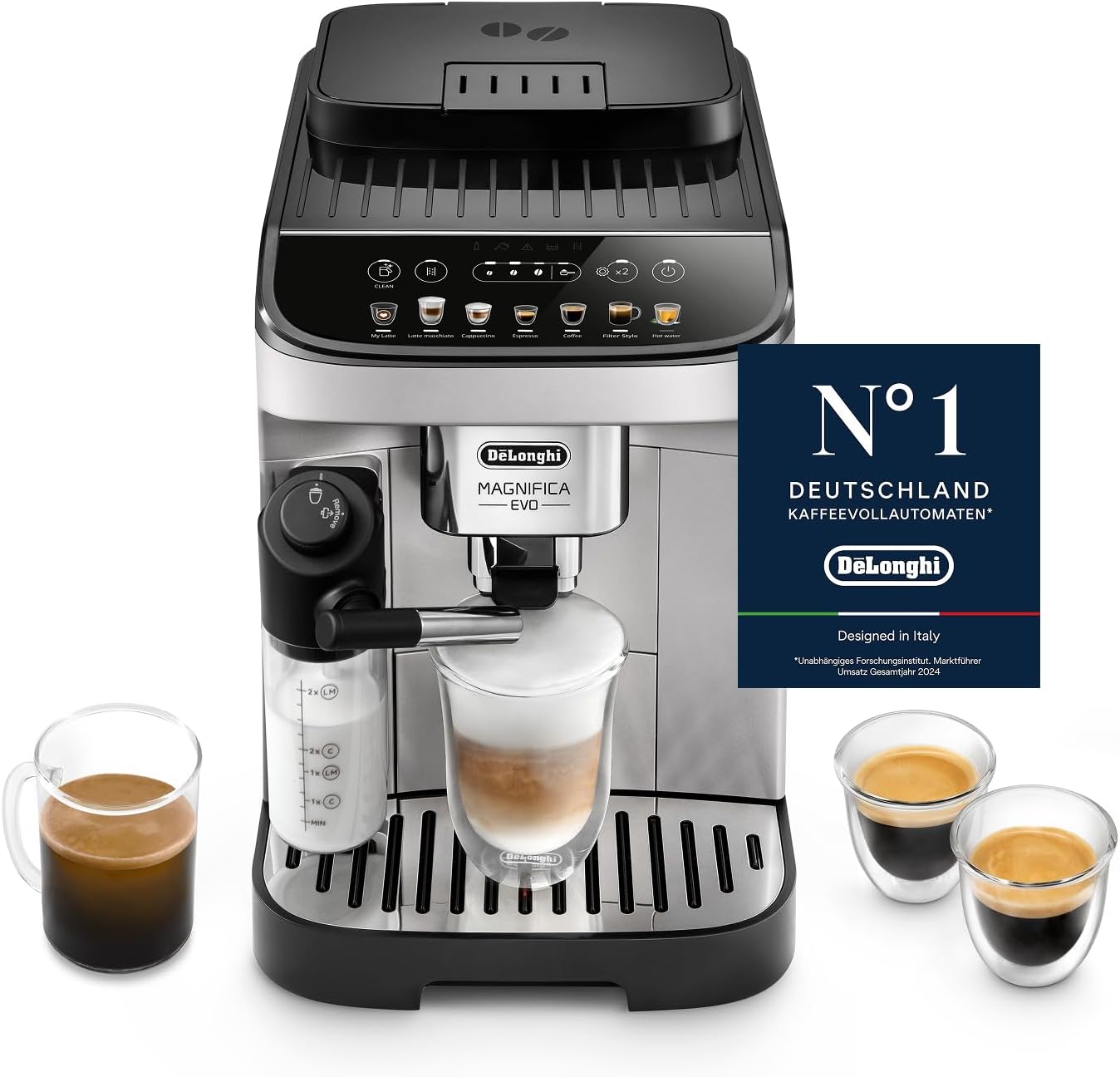 De\'Longhi Magnifica Evo - Fully Automatic Cream Milk Foam Coffee Machine with 7 One-Touch Drinks, Cappuccino & Espresso, Coffee Machine, Soft Touch Control Panel, Silver (ECAM292.81.SB)