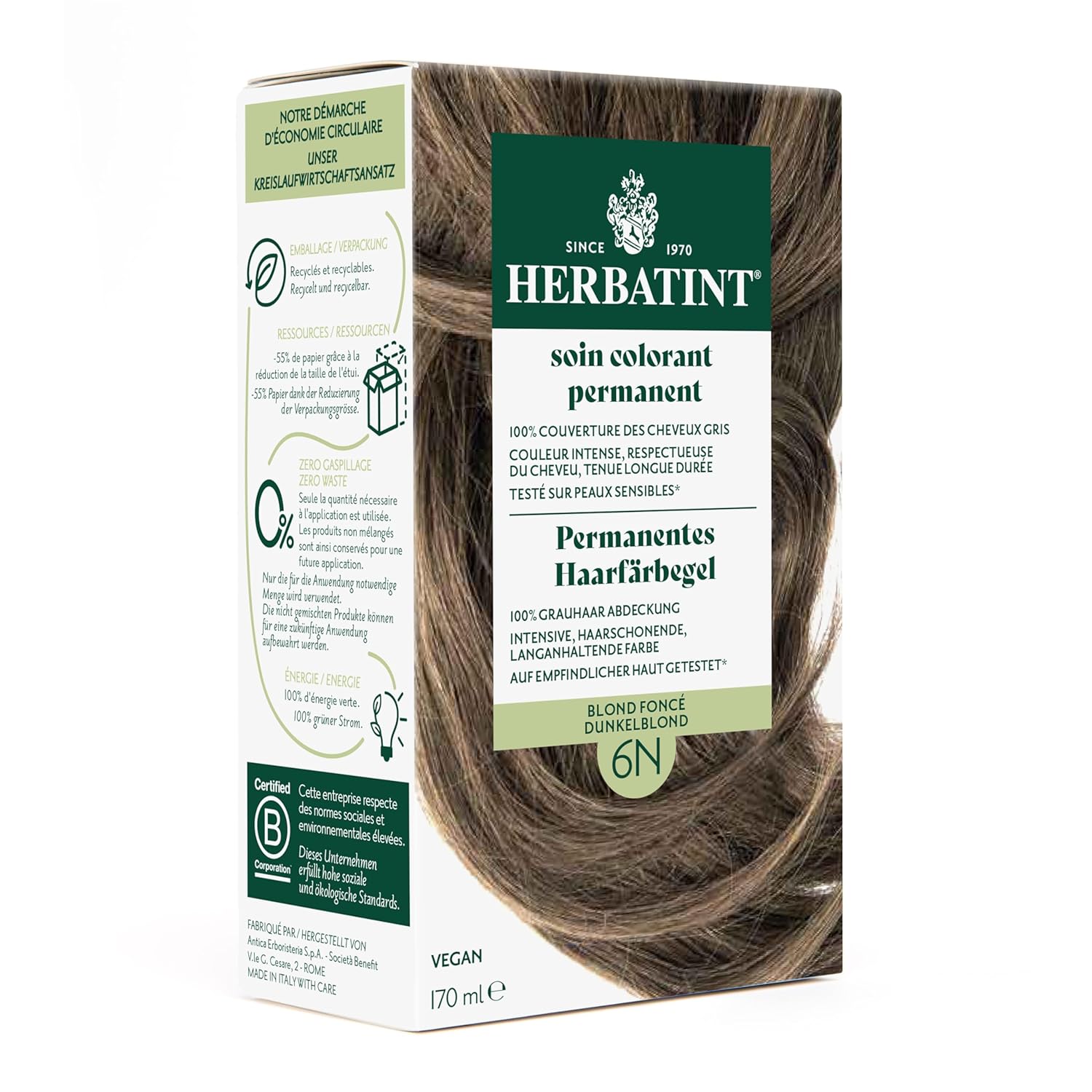 Herbatint Permanent Hair Dye Gel 6N Dark Blonde - 170 ml I No Ammonia, 100% Gray Hair Coverage I Tested for Sensitive Skin with 8 Plant Extracts