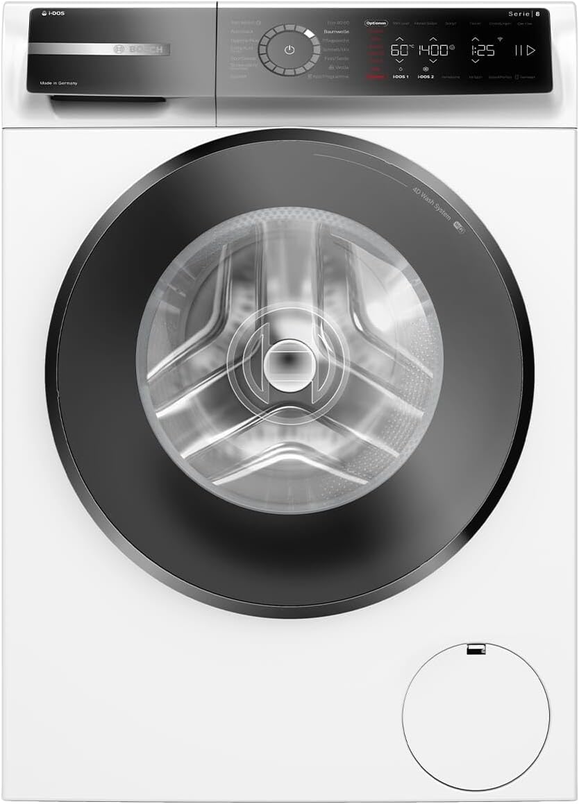 Bosch WGB244AW0, Series 8, Smart Washing Machine 9 kg, 1400 rpm, Made in Germany, i-DOS with Detergent Scan, Anti Microplastic Program, Automatic Stain, Less Ironing with Iron Assist, Speed ​​Perfect