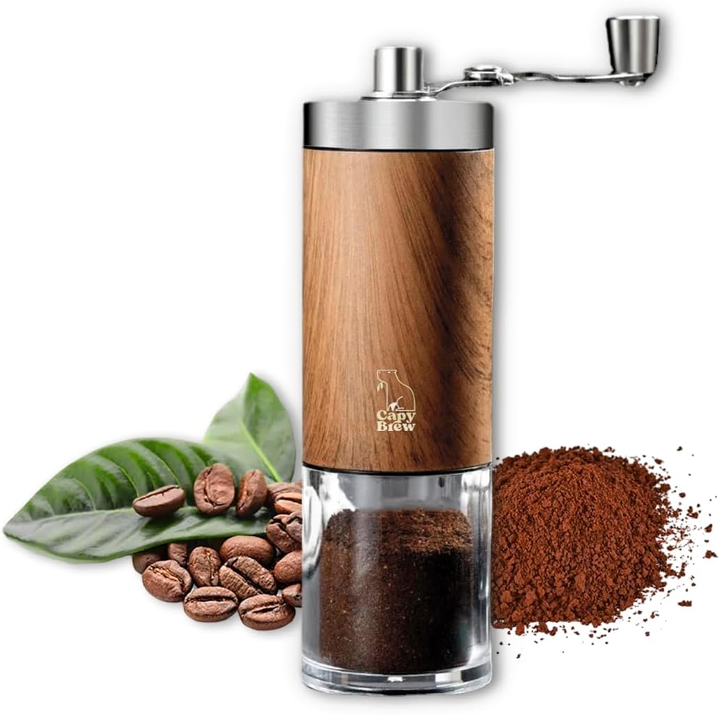 Manual Coffee Grinder Stainless Steel with Ceramic Grinder - Quiet and Portable for Espresso, Mocha, French Press and Aeropress - Coffee Grinder with Wood Look, Ideal for Home and Travel - Capy Brew