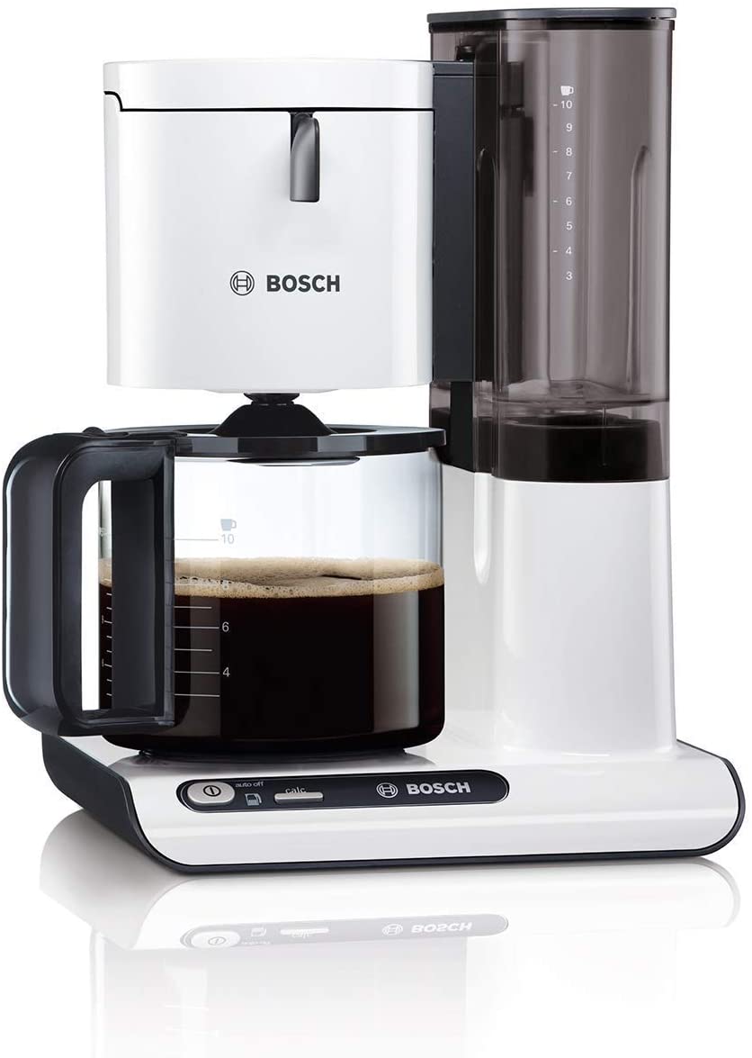 Bosch Styline TKA8011 Filter Coffee Machine, Aroma Sensor, Aroma Protection Glass Jug 1.25 L, for 10-15 Cups, Automatic Shut-Off, Descaling System, Drip Stop, Filter Carrier Swivelling, 1160 White