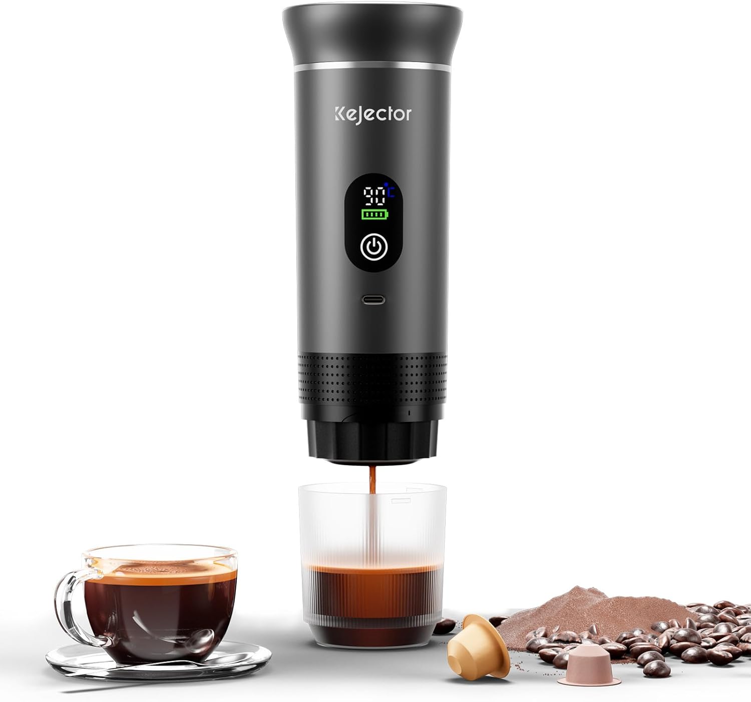 kejector Portable Espresso Machine with Battery Coffee Machine, Espresso Machine for Travel, Nano Car Coffee Machine, 3-in-1 for Ground Coffee, Capsule for Motorhome, Hiking, Camping, Digital Display