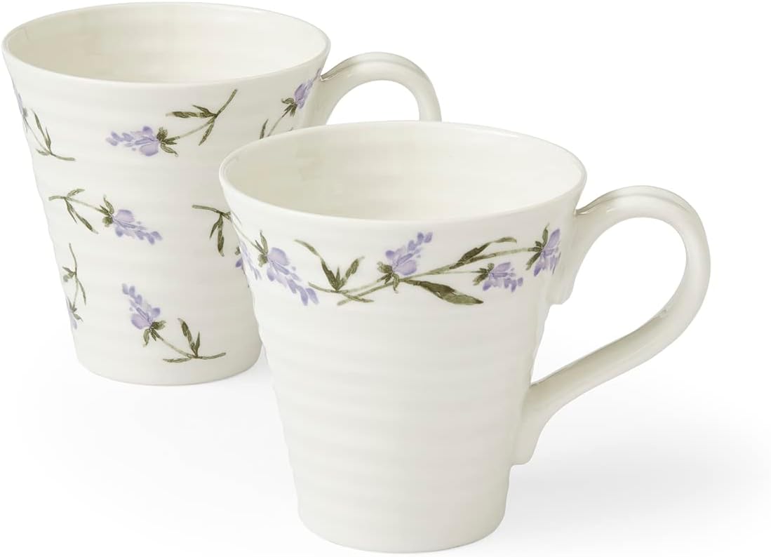 Portmeirion Sophie Conran Lavandula Coffee Mugs Set of 2 Porcelain Coffee Cups Lavender Branch Flower Design Hot Drink Tea Cup with Handle Dishwasher and Microwave Safe (340 ml