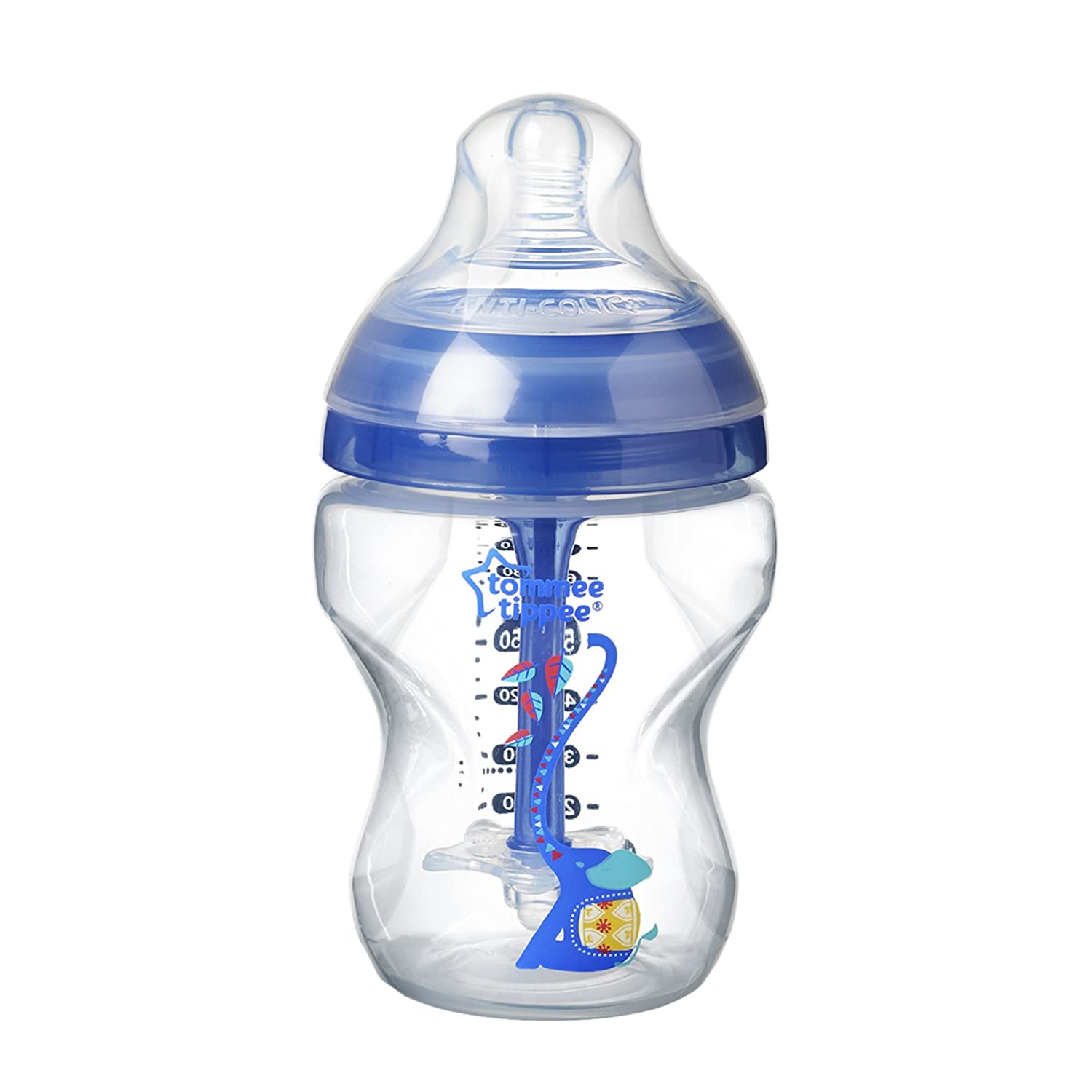 Tommee Tippee Anti-Colic Baby Bottle, Natural Shaped Teat and Special Anti-Colic Vent System, 260 ml, Set of 1, Blue (Colour and Design May Vary)