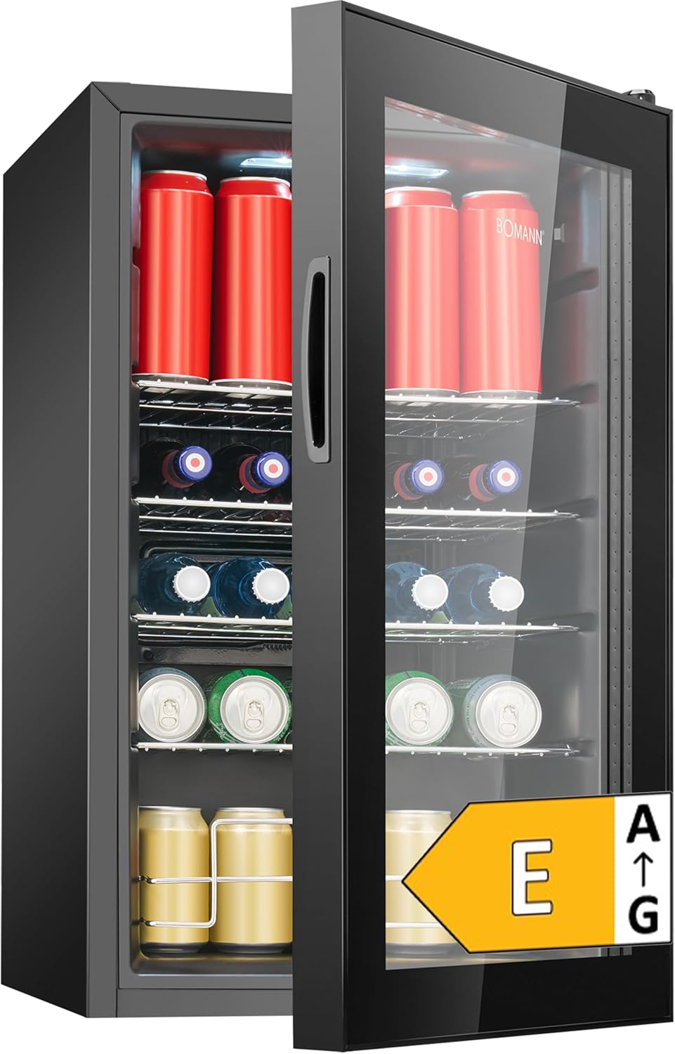 Bomann Fridge with Glass Door - Bottle Fridge 63 L | Space for up to 89 Cans (0.33 L) | Drinks Fridge for Beer, Party & Office | 74cm | LED Lighting | Quiet | 4 shelves | KSG 7515