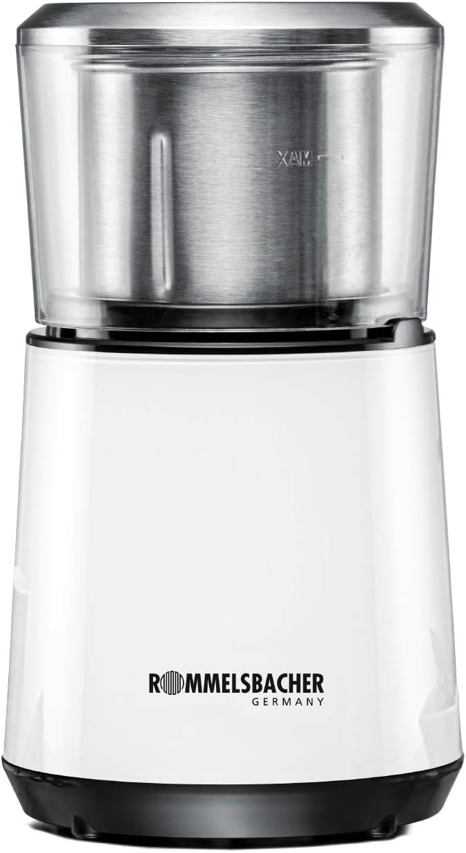 ROMMELSBACHER EKM 125 Coffee Grinder - Schlagwerk 4-Blade Stainless Steel Knife Stainless Steel Bean Container Capacity 50 g Grinding Level Adjustable Over Grinding Time 200 Watt White/Stainless Steel
