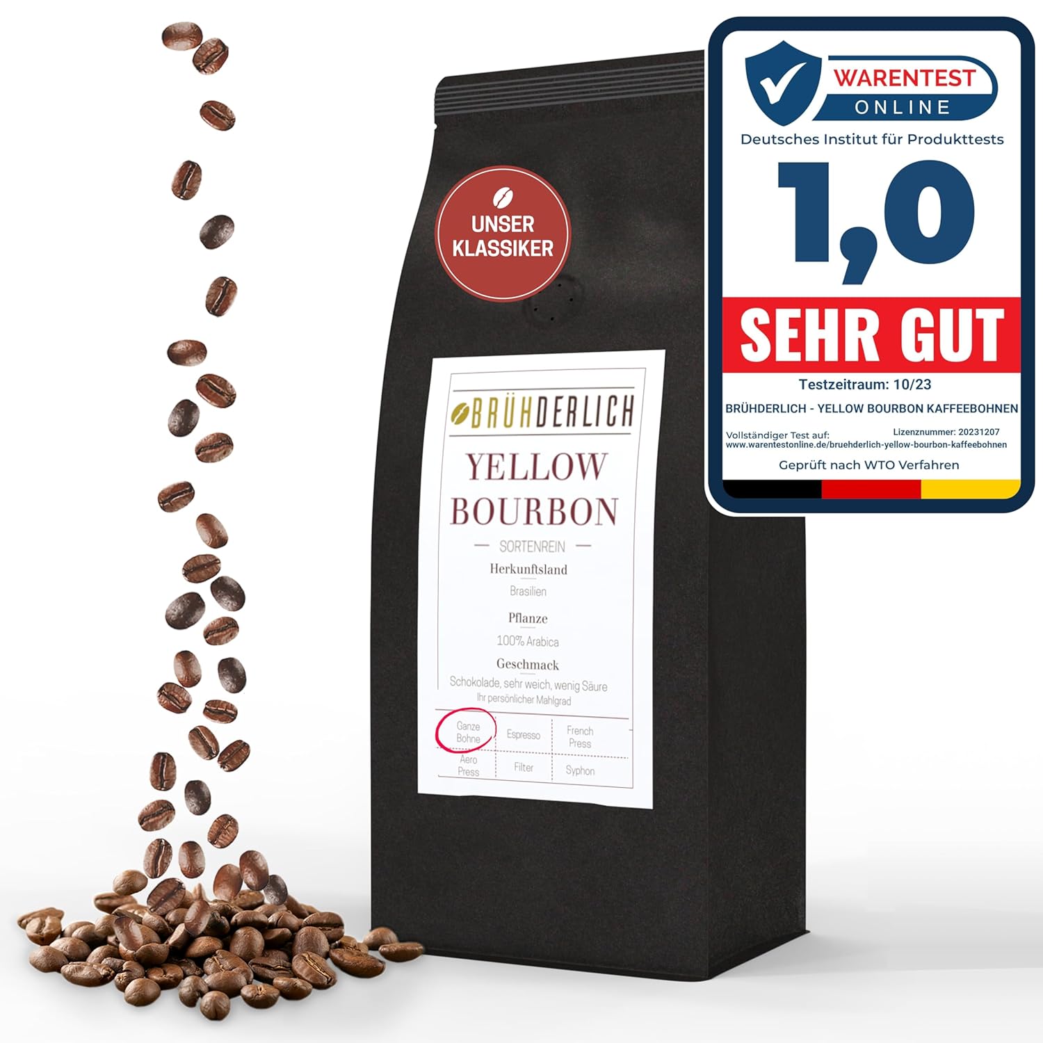 Brühderlich BRUHDERLICH Yellow Bourbon Premium Arabica Coffee Beans Low Acid (500 g) - Special Coffee Beans from Brazil - Harmonious Base Sweet and Soft Aroma - Coffee Beans - Exceptionally Mild