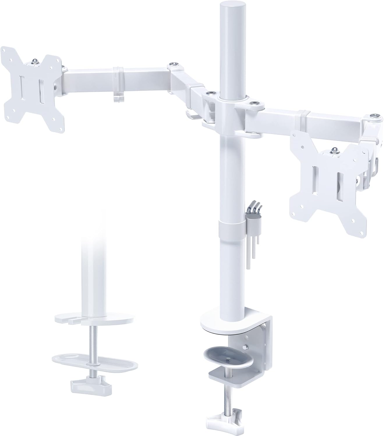 BONTEC Store BONTEC Monitor Mount 2 Monitors for 13-27 Inch Flat & Curved Screen, Monitor Desk Mount Height Adjustable Tilting Swivelling Rotatable, 10 kg per arm, VESA 75 x 75 / 100 x 100, White