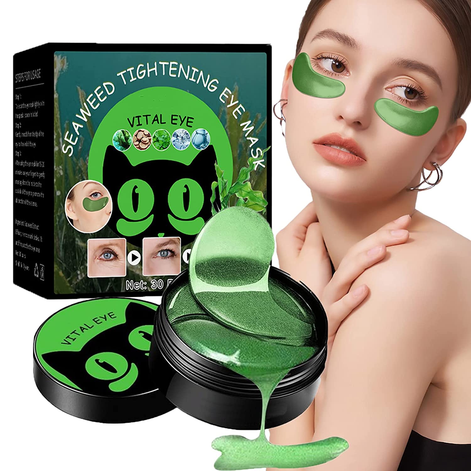 Alelyer Seaweed Tightening Eye Mask, Eye Pads Against Dark Circles, Eye Care with Hyaluron, Anti-Ageing Eye Pads, Moisturising Eye Mask for Puffy Eyes, Wrinkles, Tear Bags, Dark Circles