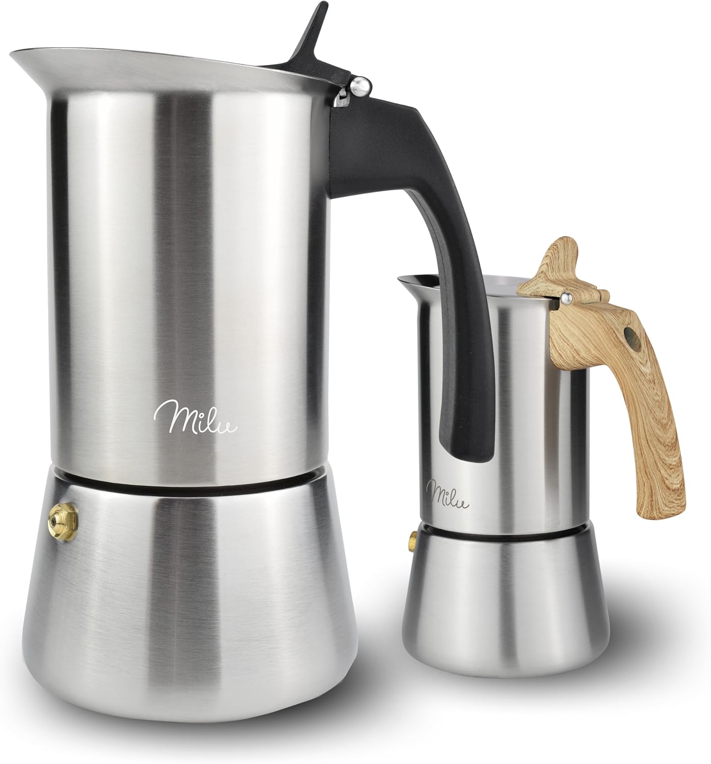 Milu Espresso Maker 2, 4, 6, 9 Cups - Economy Set - Stainless Steel Glass Mocha Pot, Espresso Pot, Espresso Maker Set Including Coaster, Spoon, Brush (Bundle)