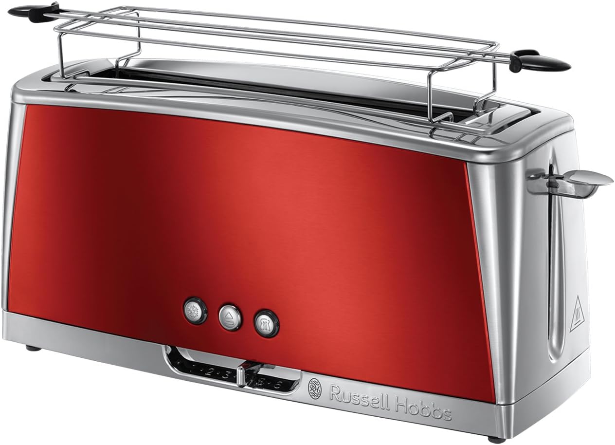 Russell Hobbs Luna 23250-56 Toaster Long Slot for 2 Slices / 1 Wide Bread Slice Stainless Steel Red (Extra Wide Toast Slot, Includes Bun Attachment, 6 Browning Levels + Defrost & Reheat Function)