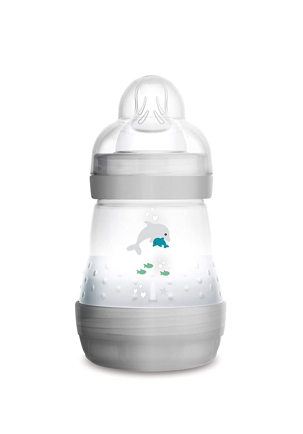 MAM Easy Start anti-colic baby bottle (160 ml), milk bottle with innovative base valve to prevent colic, baby’s drinking bottle with size 1 teat, from birth, dolphin, grey