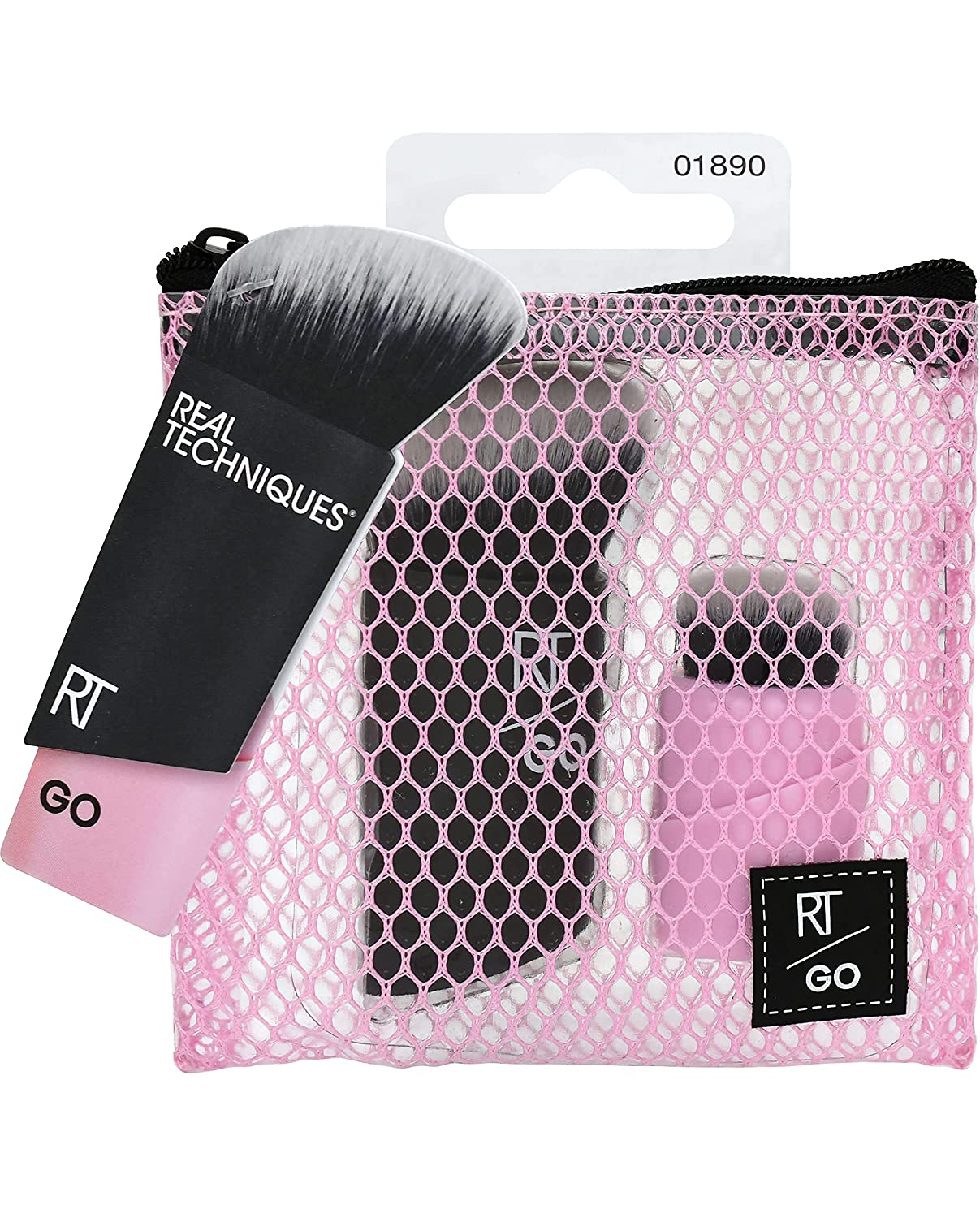 Real Techniques Go! 2-in-1 Double Ended Makeup Brush with Pouch for Face/Cheek, ‎black