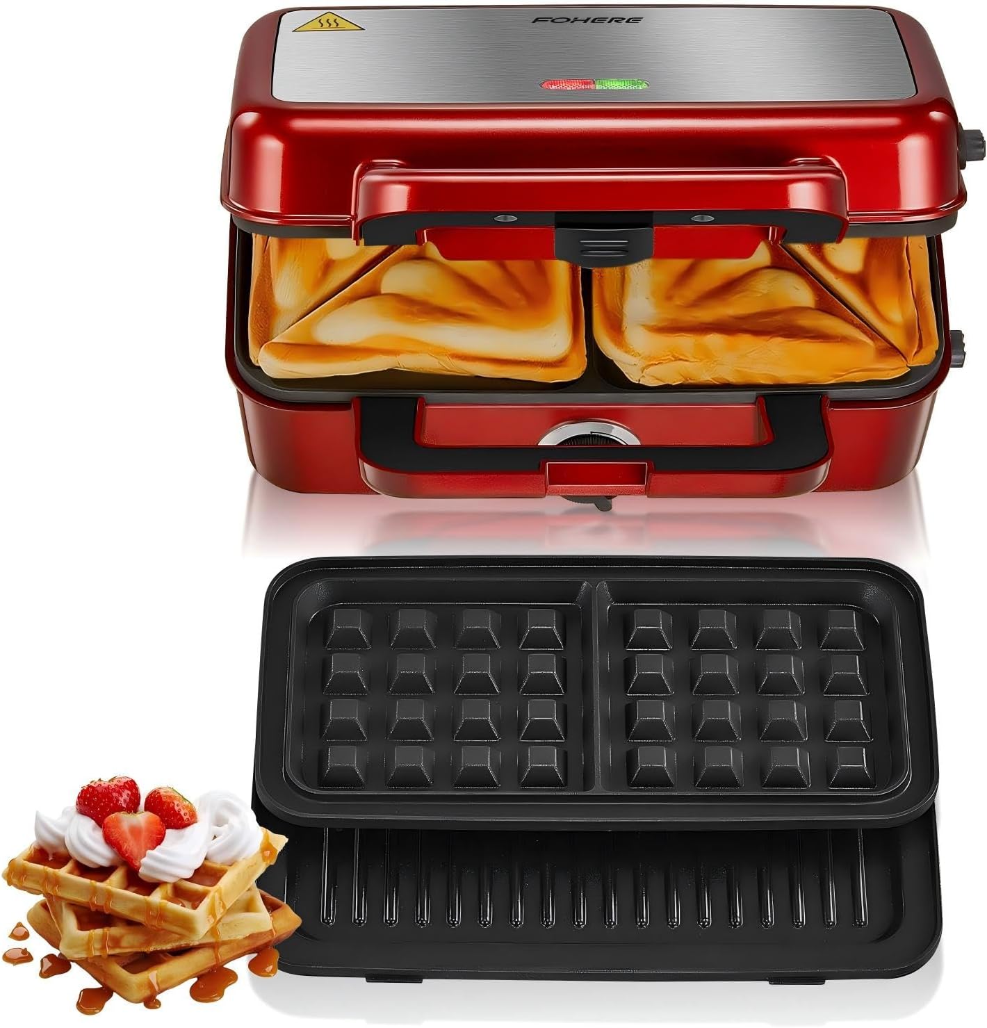 Sandwich Maker 3-in-1, 1200 W Waffle Iron/Contact Grill/Sandwich Toaster, 5-Speed Temperature Control, Non-Stick Coating Plate Sets, Heat-Insulated Handle, Dishwasher Safe, LED Lights, Red
