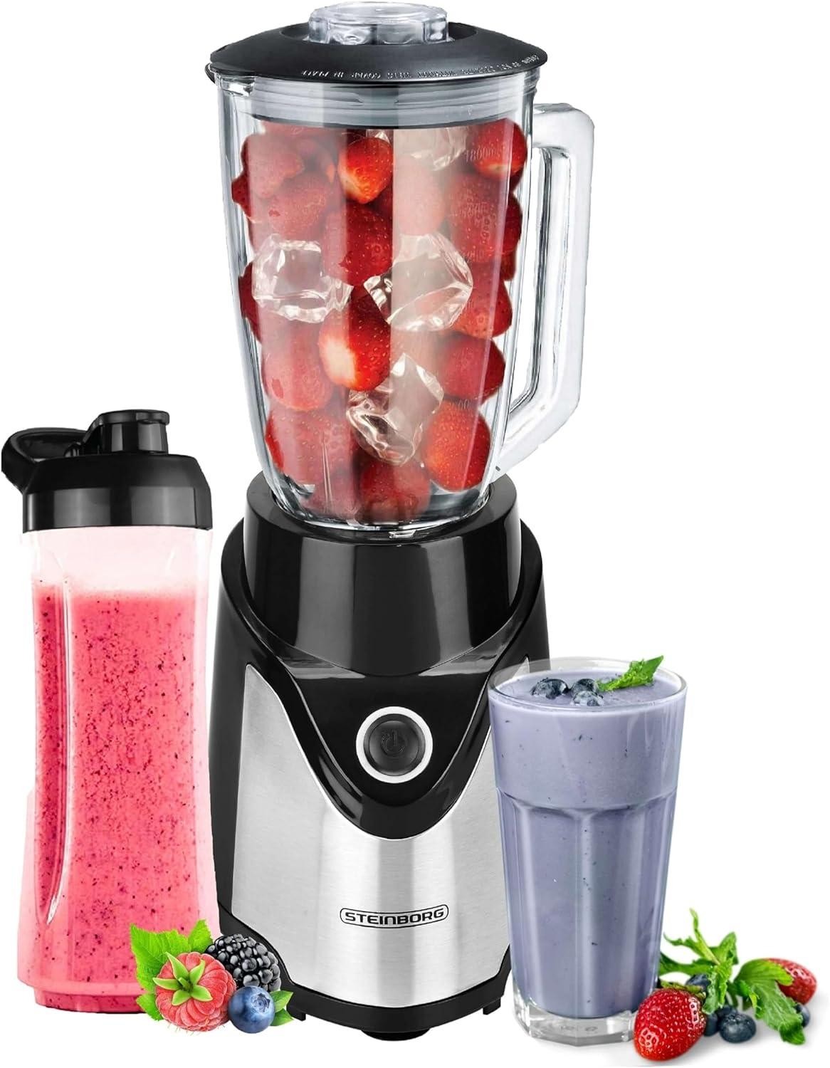 Steinborg Stand Mixer with To-Go Cup, Smoothie Maker Mixer, 600 ml Glass Jug + 570 ml To-Go Cup, BPA-Free 500 Watt, Professional Blender, Chopper, 6-Way Stainless Steel Knife
