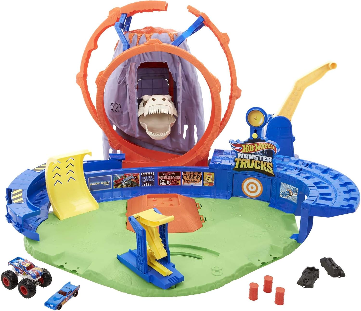 Hot Wheels GYL14 Monster Truck T-Rex Volcano Area Car Racing Track Including 1 Monster Truck/1 Toy Car/2 Starters, with Lighting and Sounds, Car Toy, Toy from 4 Years, GYL14