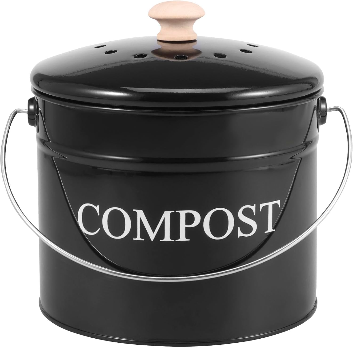 KEGAJEGA 3L Compost Bin Kitchen with Lid and Handle 21 x 21 x 20 cm Compost Bin Kitchen with Carbon Filter Metal BPA-Free Odorless Organic Waste Bin for the Kitchen (Black)