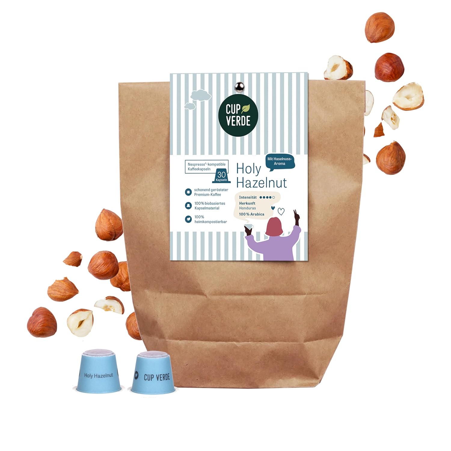 CUP VERDE 30 Hazelnut Coffee Capsules Compatible with Nespresso*. HOLY HAZELNUT 100% Arabica with Irresistible Hazelnut Flavoring. Sustainable and Incredibly Delicious. (Pack of 30)
