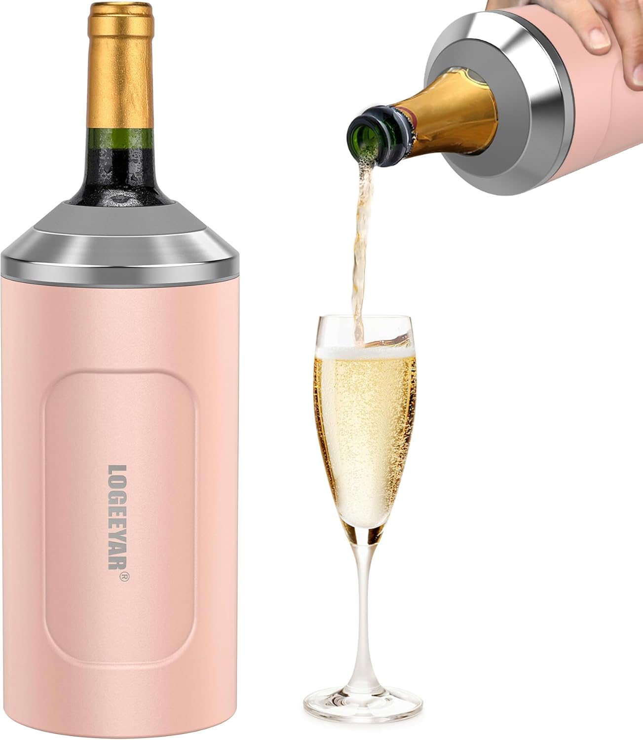 Itslife Wine Cooler with Lid, 750 ml Bottle Cooler for Wine Champagne, Double-Walled Stainless Steel Champagne Cooler, Portable Drink Cooler Outdoor, Gifts for Wine Lovers, Pink