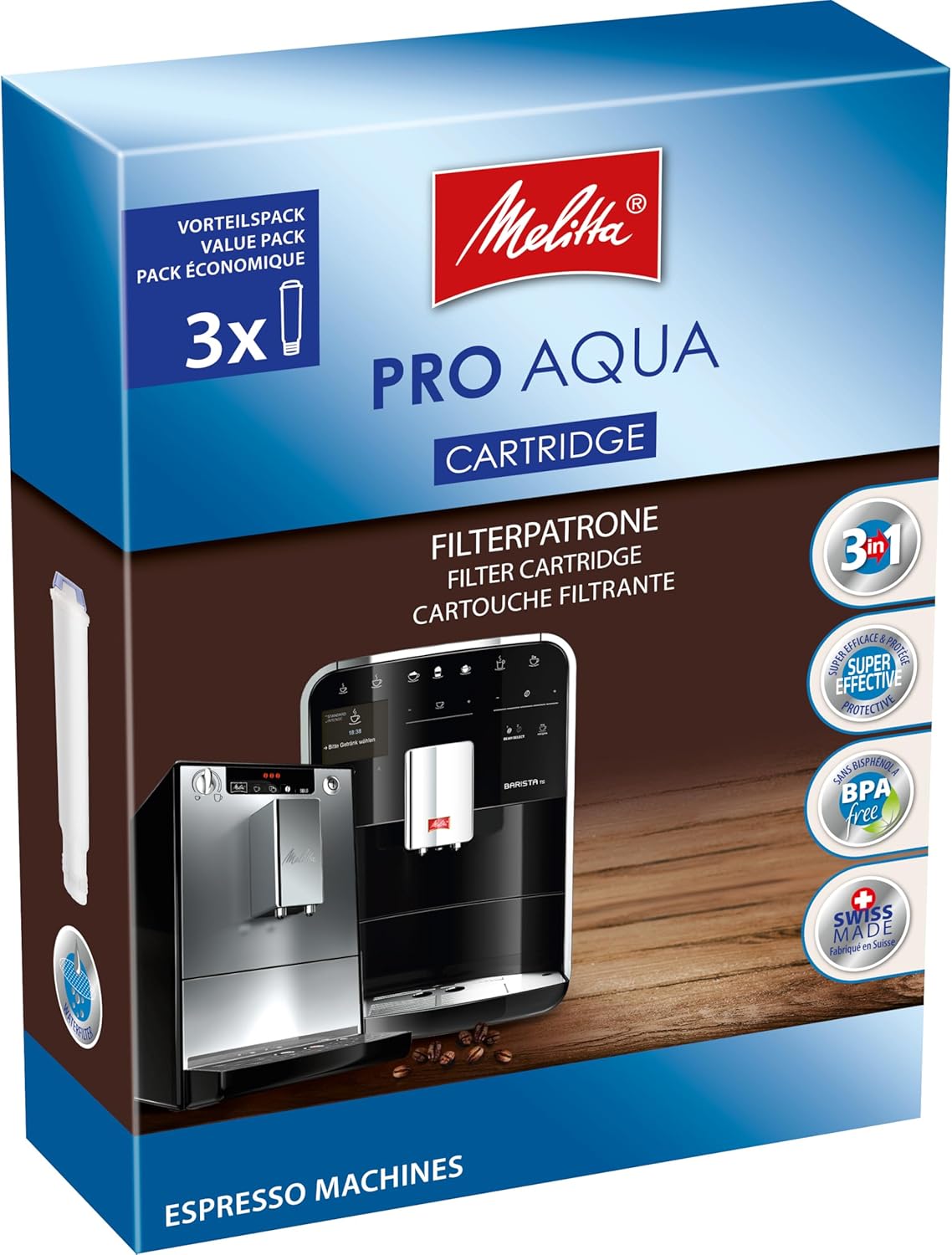 Melitta Pro Aqua Filter Cartridges (3 Cartridges) - Limescale Filter for Fully Automatic Coffee Machines, Prevent Limescale Deposition & Reduce Pollutants for the Best Coffee Taste